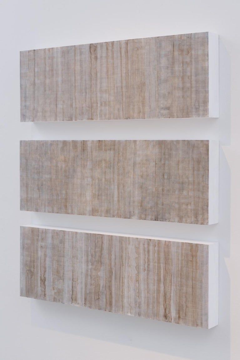 Nature-Inspired Minimalist Abstract Color Field painting on three wood panels in shades of light brown, beige, and gray
Acrylic on 3 panels
Each panel is 8 x 24 x 2 inches 
Panels can be oriented or stacked horizontally or vertically, recommended