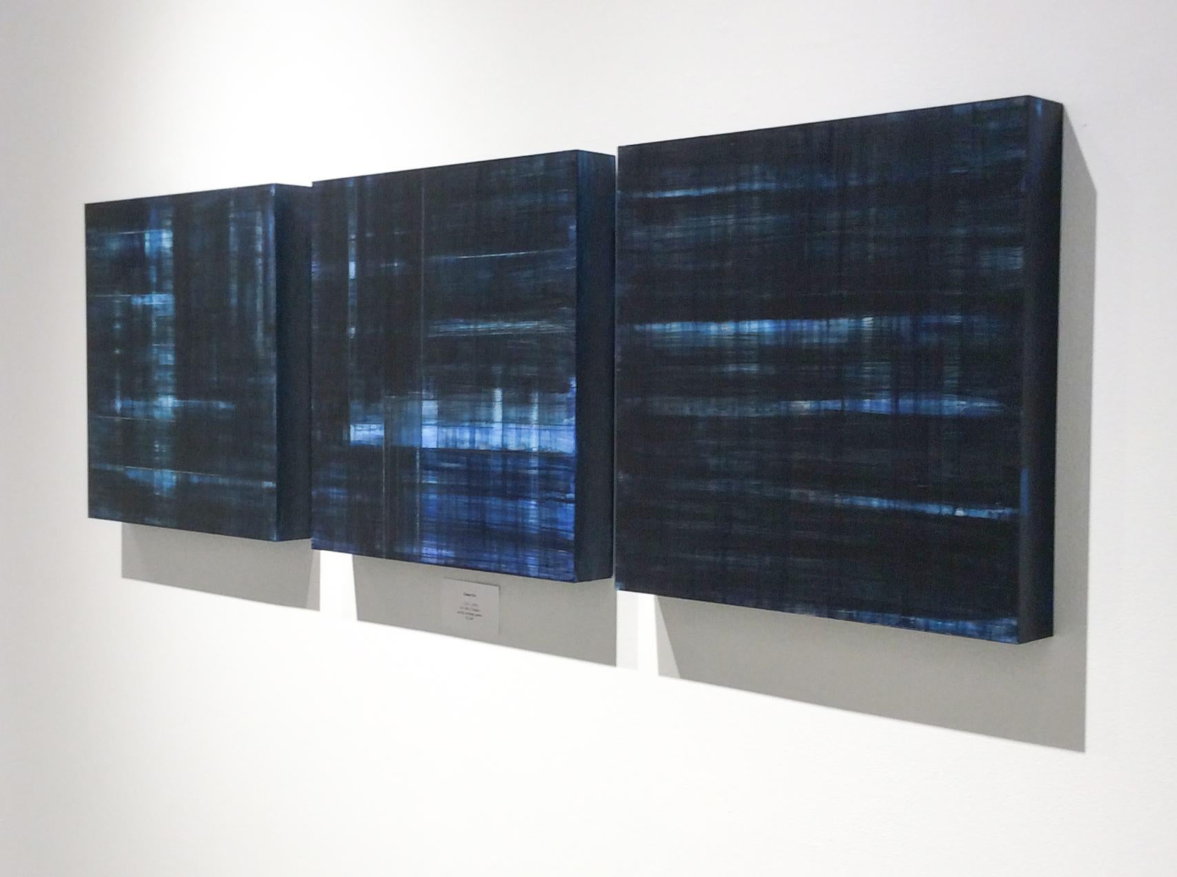 Abstract minimalist color field painting in dark blue on three panels
Acrylic on clay board panels
Each panel measures 16 x 16 x 2 inches
The painting can be installed horizontally or vertically 
Suggested installation is 1-2 inches between panels,