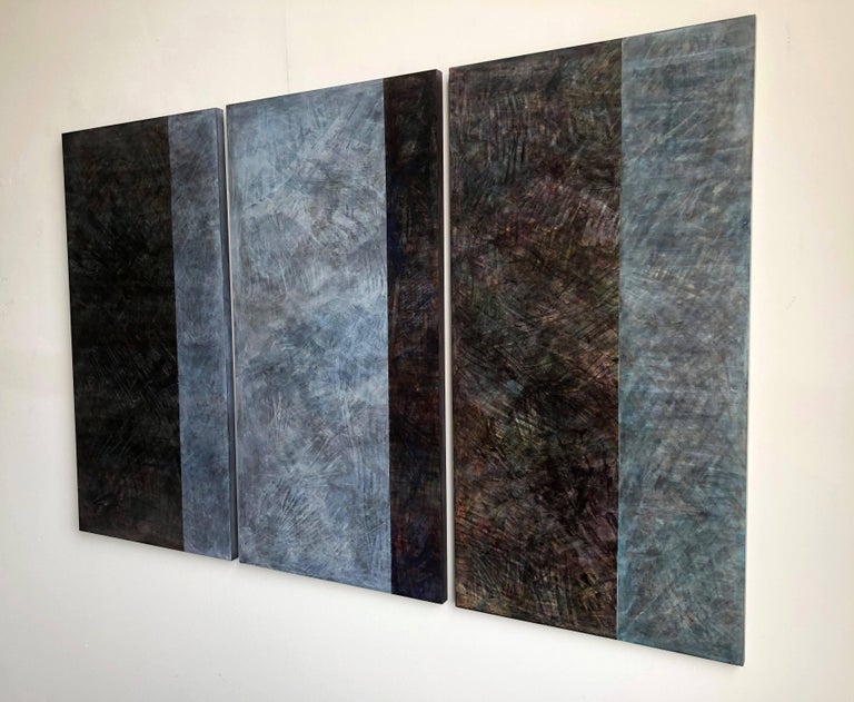 Acrylic on 3 wood panels
Each panel is 36 x 18 x 1 inches
Suggested installation is 1-2 inches between panels, which can be oriented in any direction
Overall dimensions:  36 x 56 x 1 inches 

This minimalist, non-objective painting spanning 3 panels
