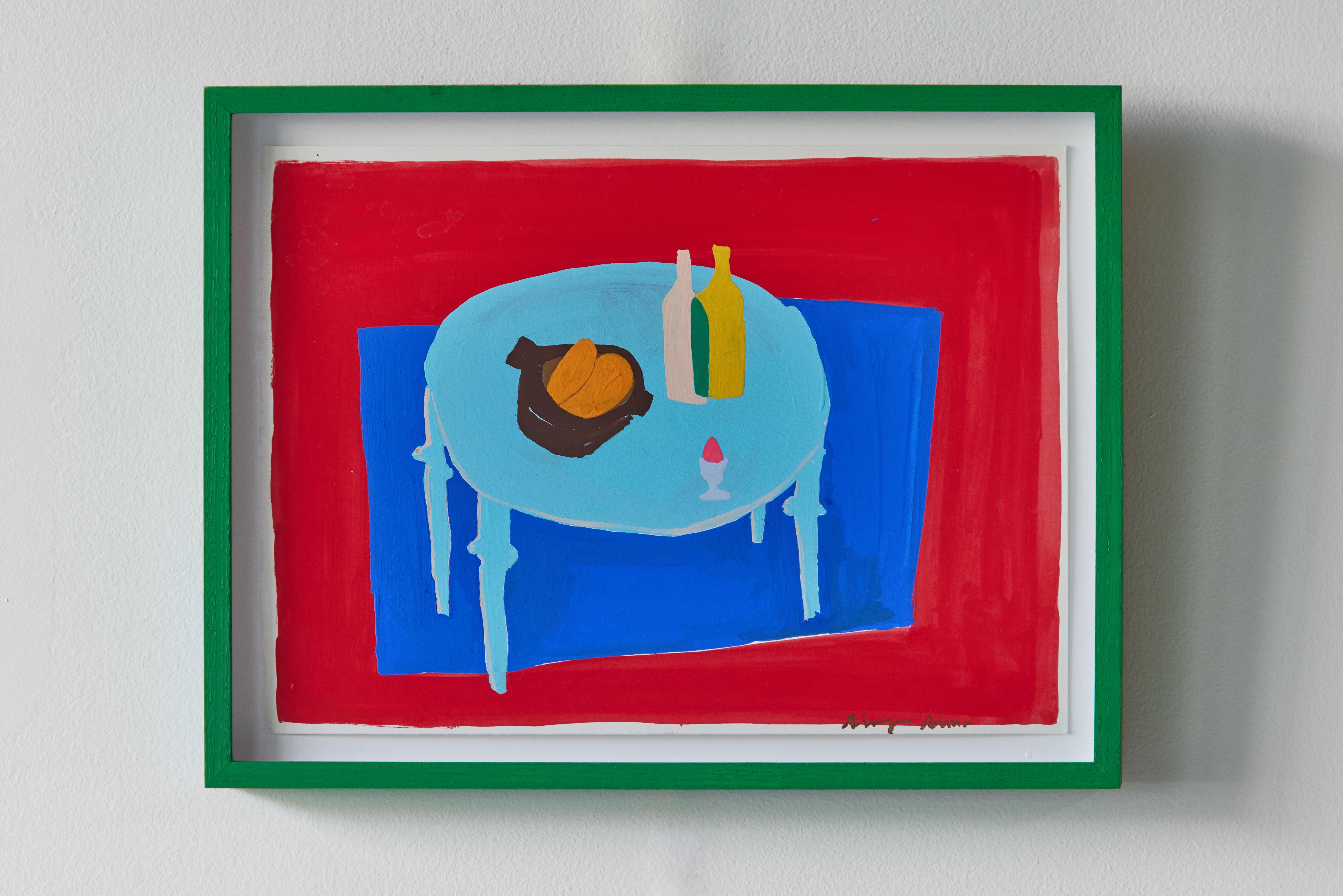 Ginny Sims still life painting with blue table, Untitled 1.