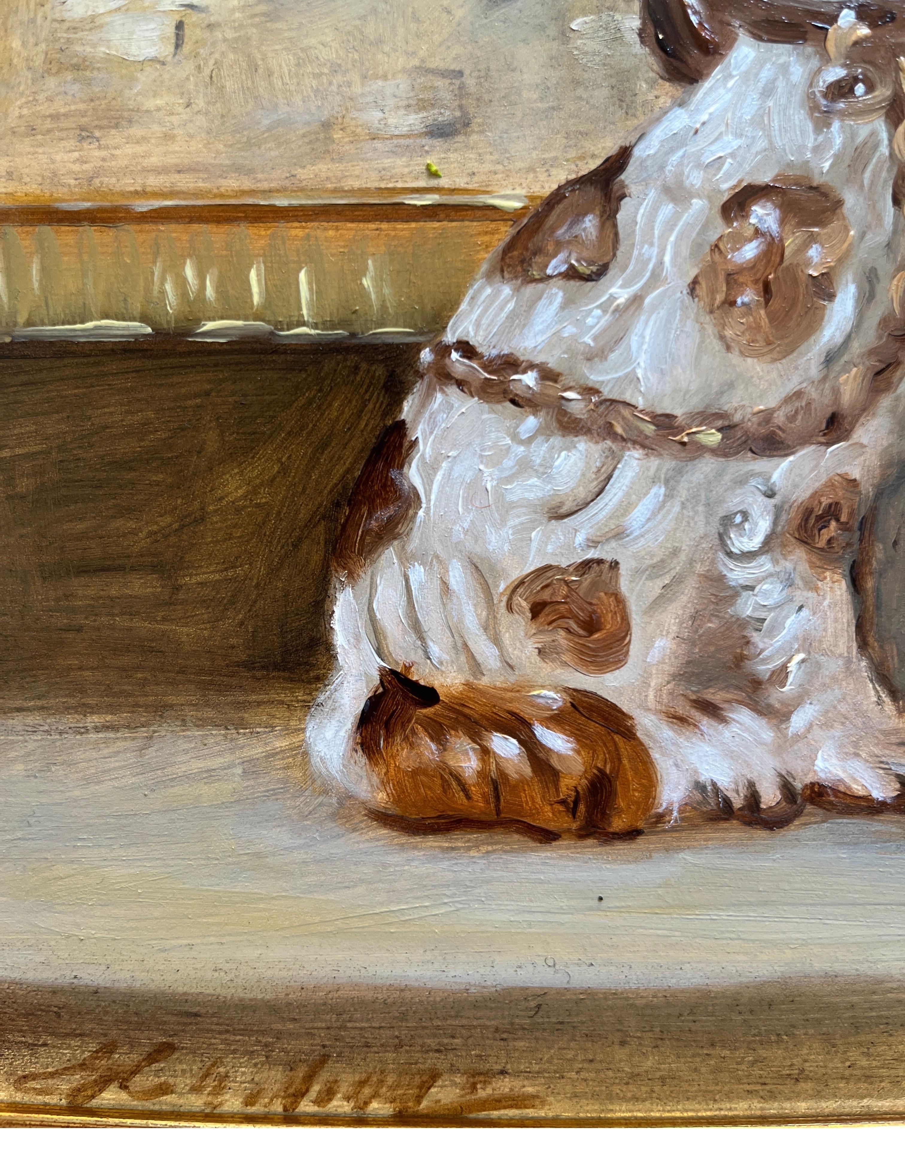 Si tratta di un dipinto a olio originale su pannello. In omaggio all'artista Pierre Bonnard, la cui opera La lavandaia fa da sfondo a questo pezzo, l'artista ha dipinto due cani Staffordshire in porcellana, seduti su una mensola del camino, che