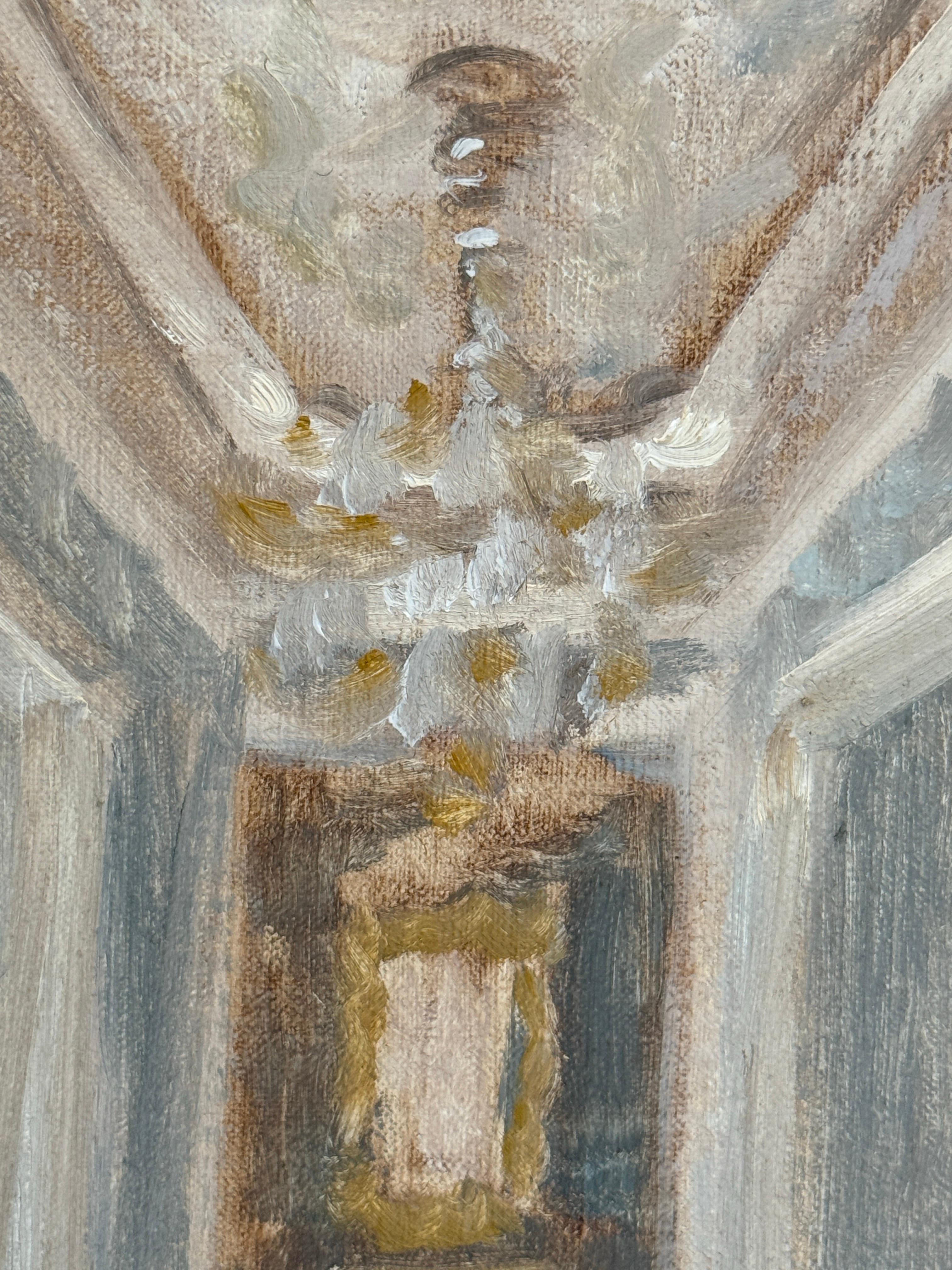 Questo pezzo è un dipinto a olio originale su pannello. Si tratta di una veduta impressionistica di un interno con la luce che filtra dalle finestre all'esterno del quadro, illuminando spicchi di una lussureggiante sala tappezzata. Questo pezzo è il