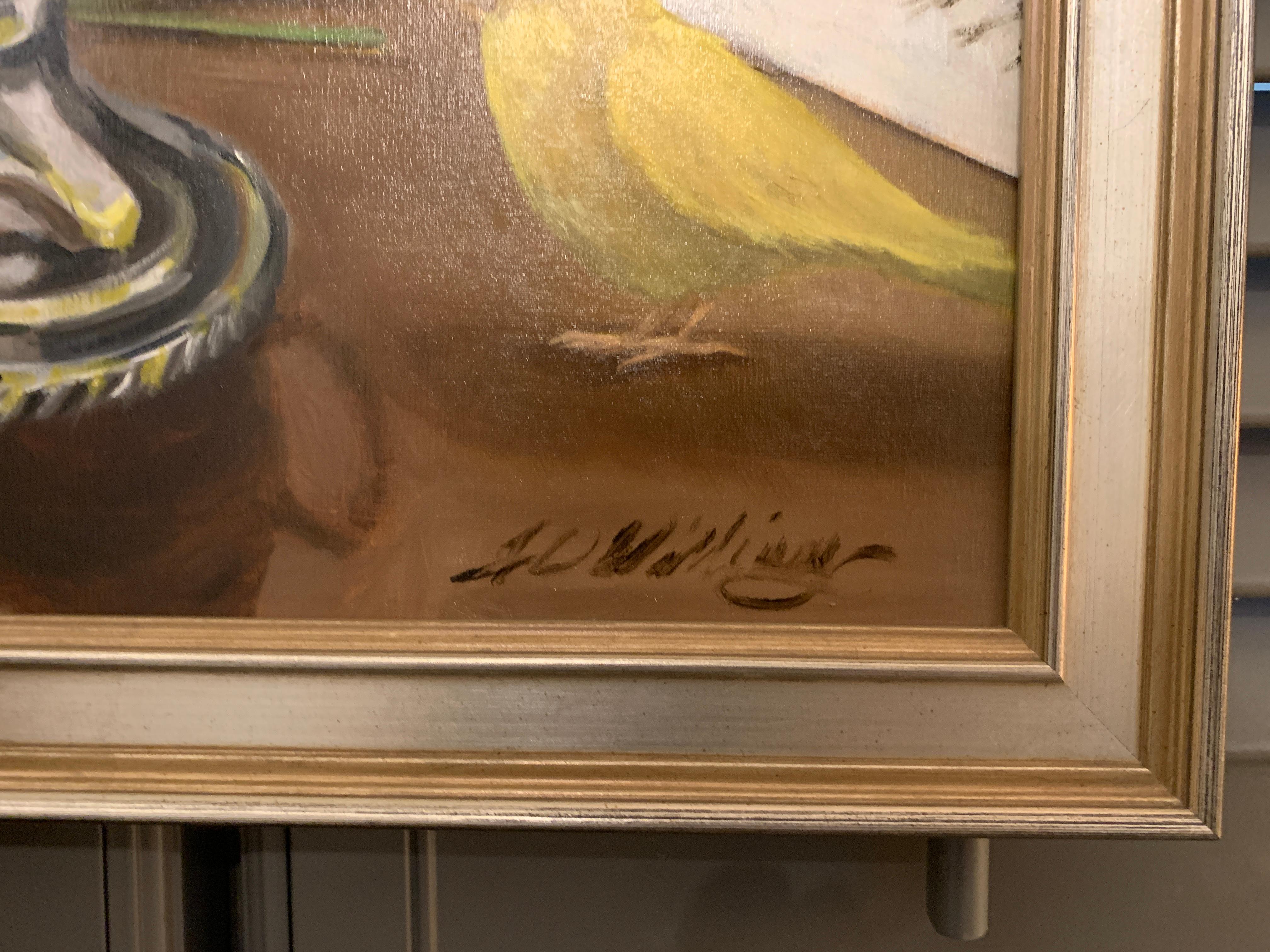 'Around the Water Cooler' is a medium framed oil on linen realist still-life painting created by American artist Ginny Williams in 2019. Featuring a dramatic and impactful palette made of black, yellow, brown and silver tones, the painting evokes