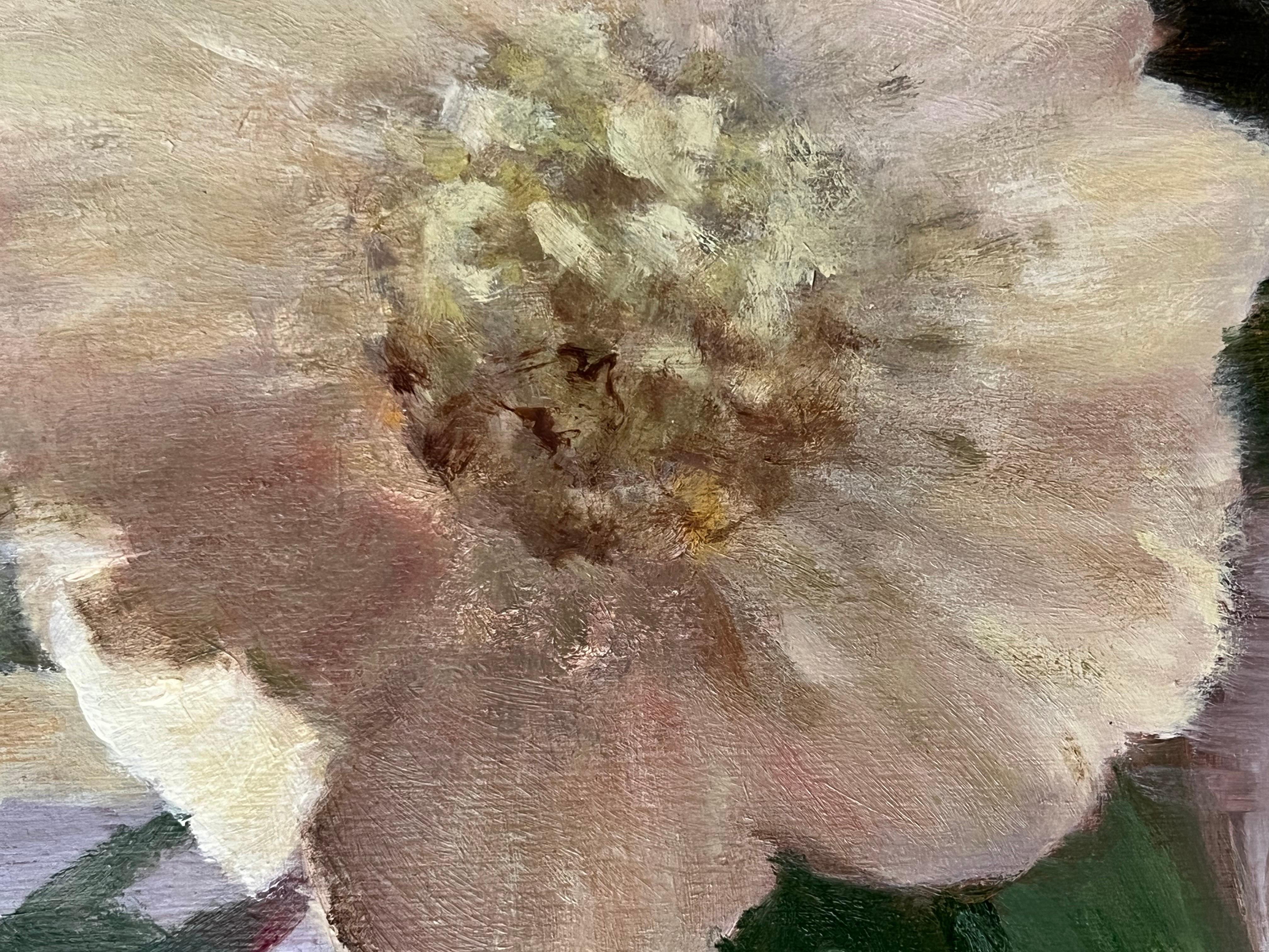 This is an original oil painting on wood panel by the artist. With delicate, striations a bouquet of peonies are depicted. This piece is 24x18 inches unframed and 28x22 inches in its simple gold frame.

 GC Williams has a degree in art history which