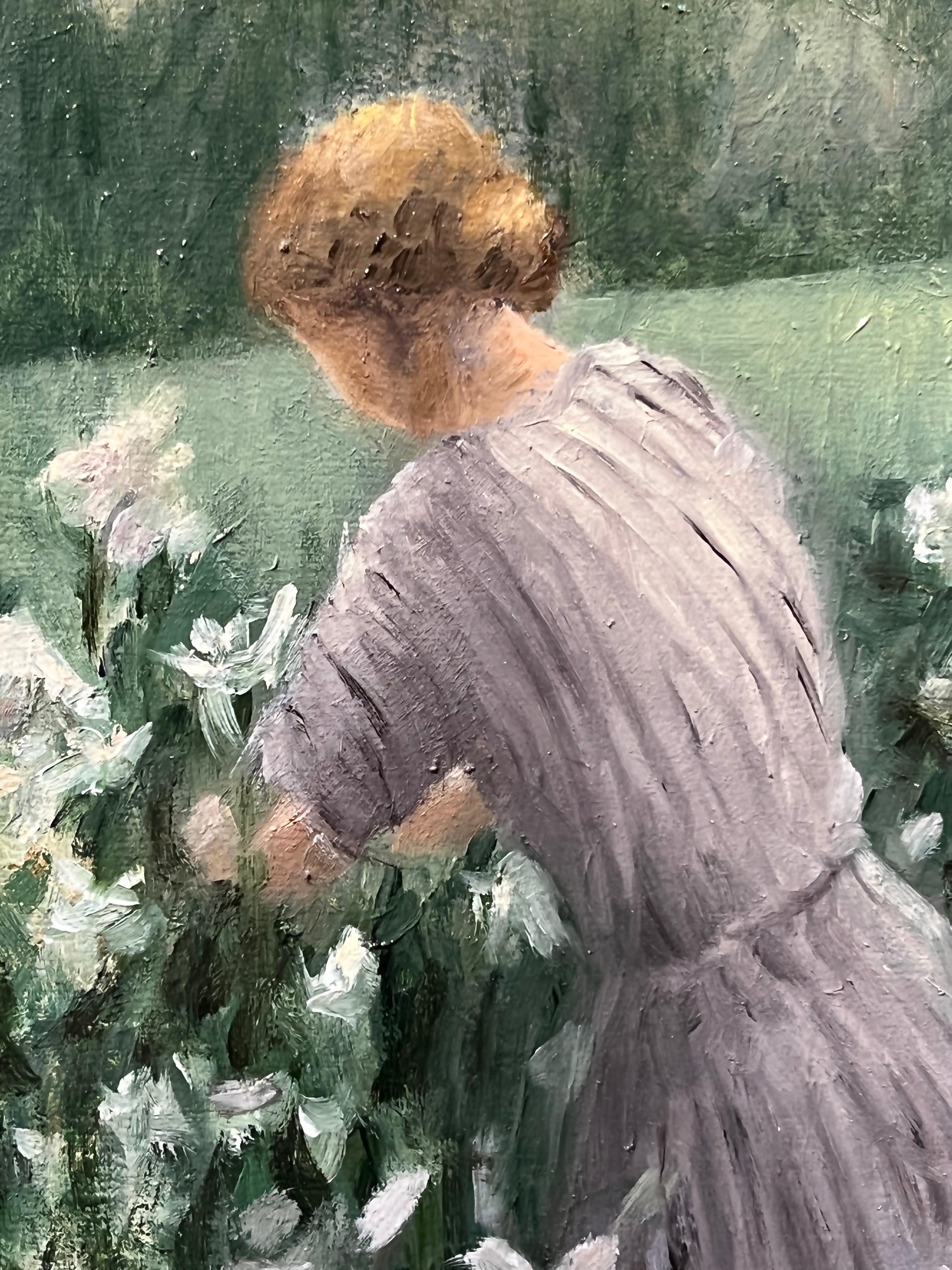 Il s'agit d'une peinture à l'huile originale sur panneau de Ginny Williams. Férue de jardinage, Mme Williams est connue pour ses peintures florales. Ici, elle a montré une femme dans son jardin, 