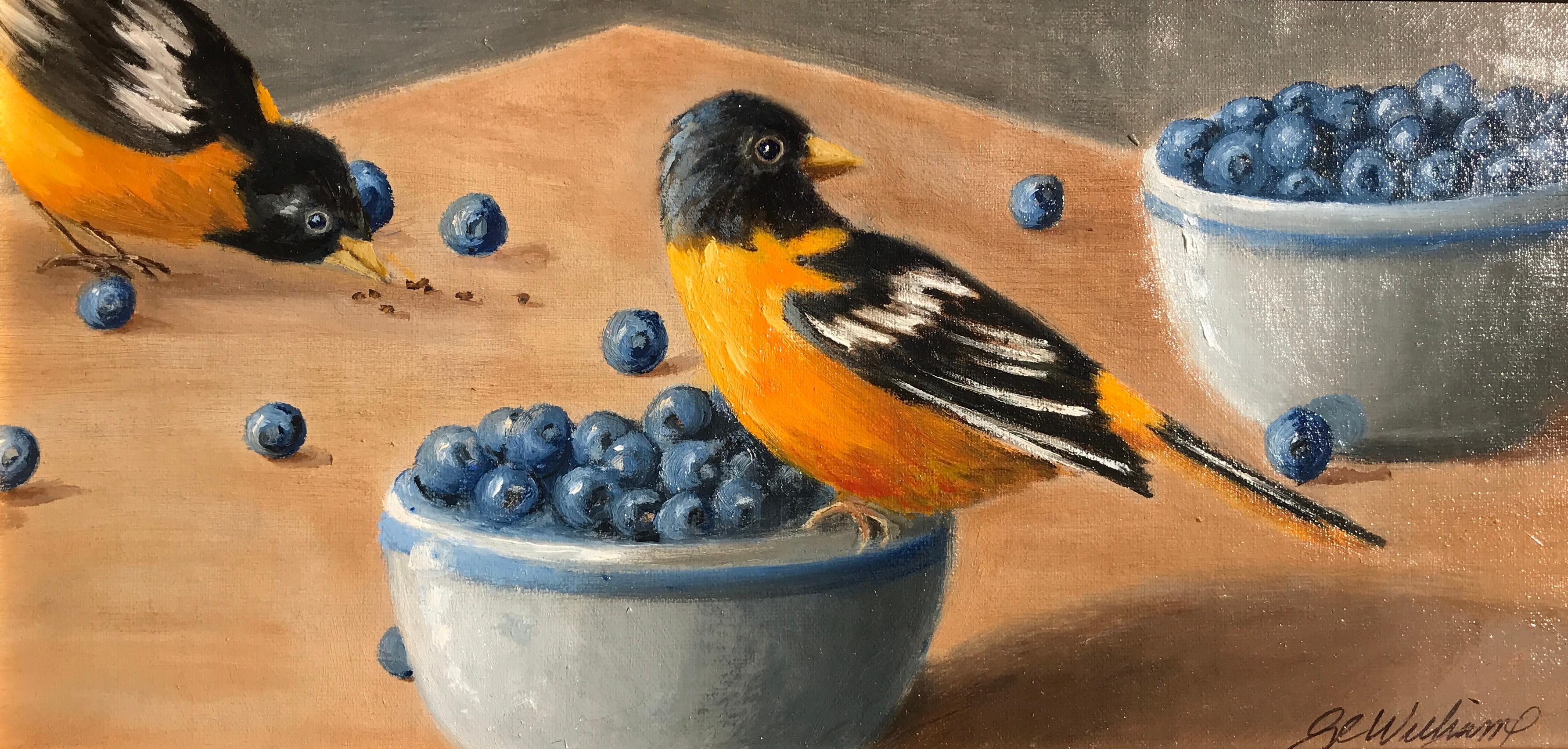 „Birds of a Feather“ ist ein kleines:: vergoldetes:: gerahmtes Ölgemälde auf Karton der amerikanischen Künstlerin Ginny Williams aus dem Jahr 2018. Dieses Gemälde zeigt zwei schöne Vögel in einer Palette aus Orange-:: Blau-:: Schwarz- und Grautönen
