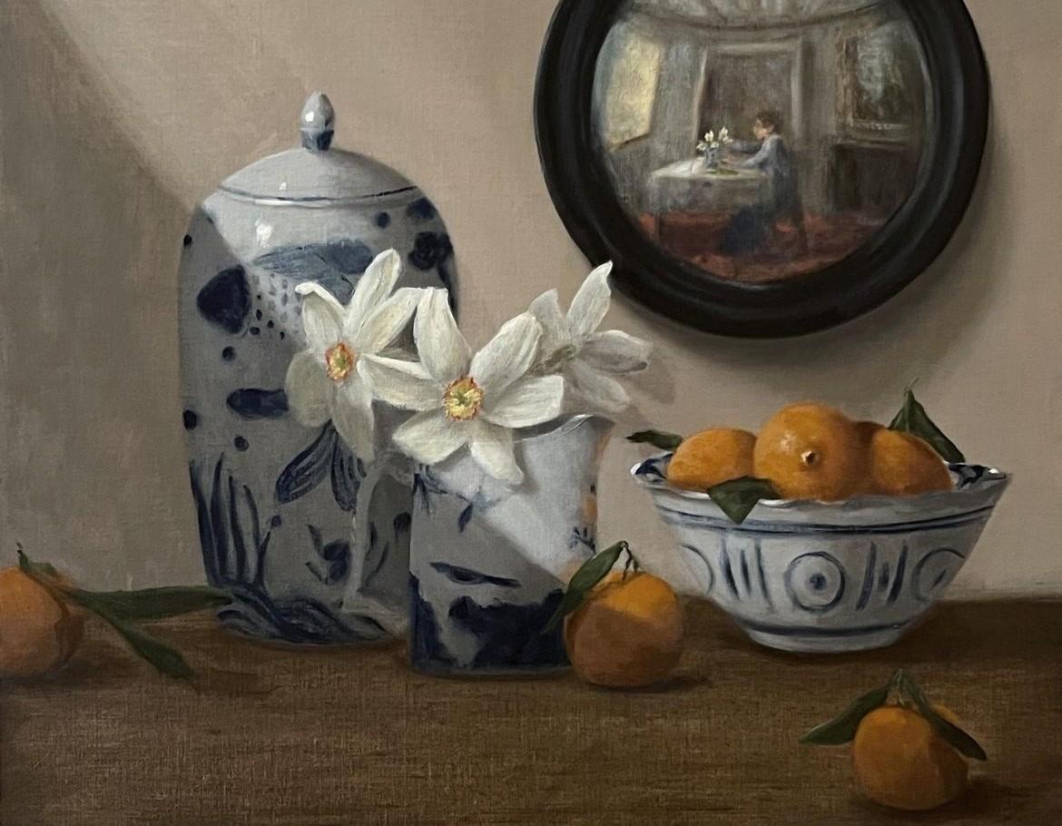 Mañana temprano, abril by Ginny Williams Bodegón al óleo con naranja, jarrón