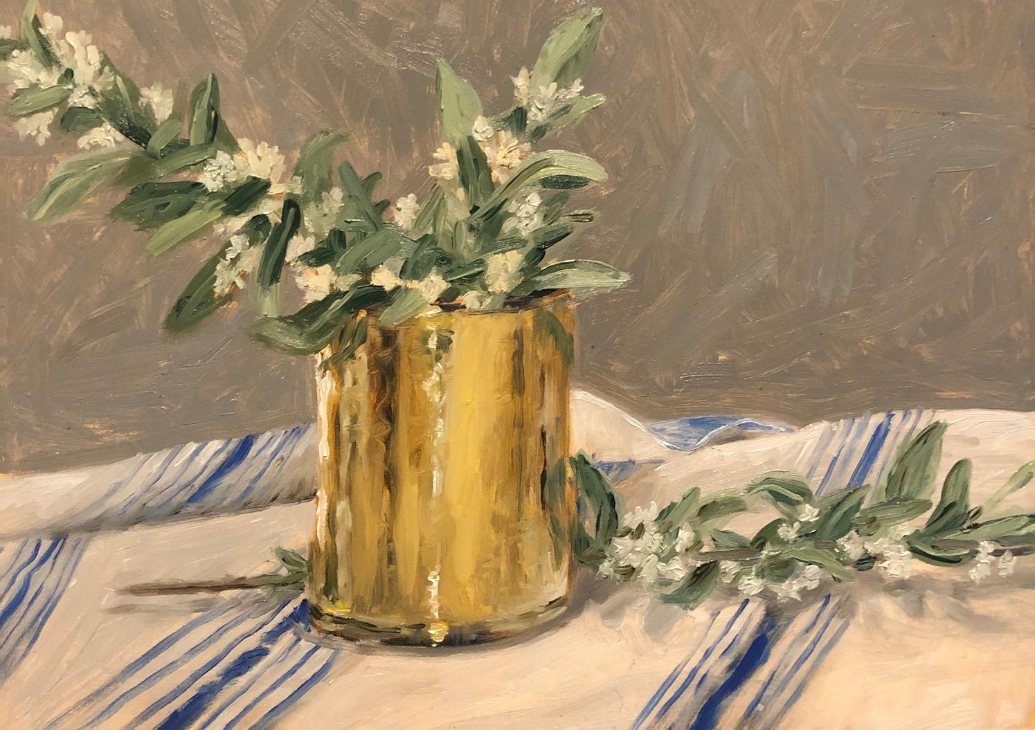 'Early Spring' is a small framed representational oil on canvas still life painting created by American artist Ginny Williams in 2020. Featuring a palette made of blue, neutrals and white, accented by brown colors, the painting depicts a golden vase