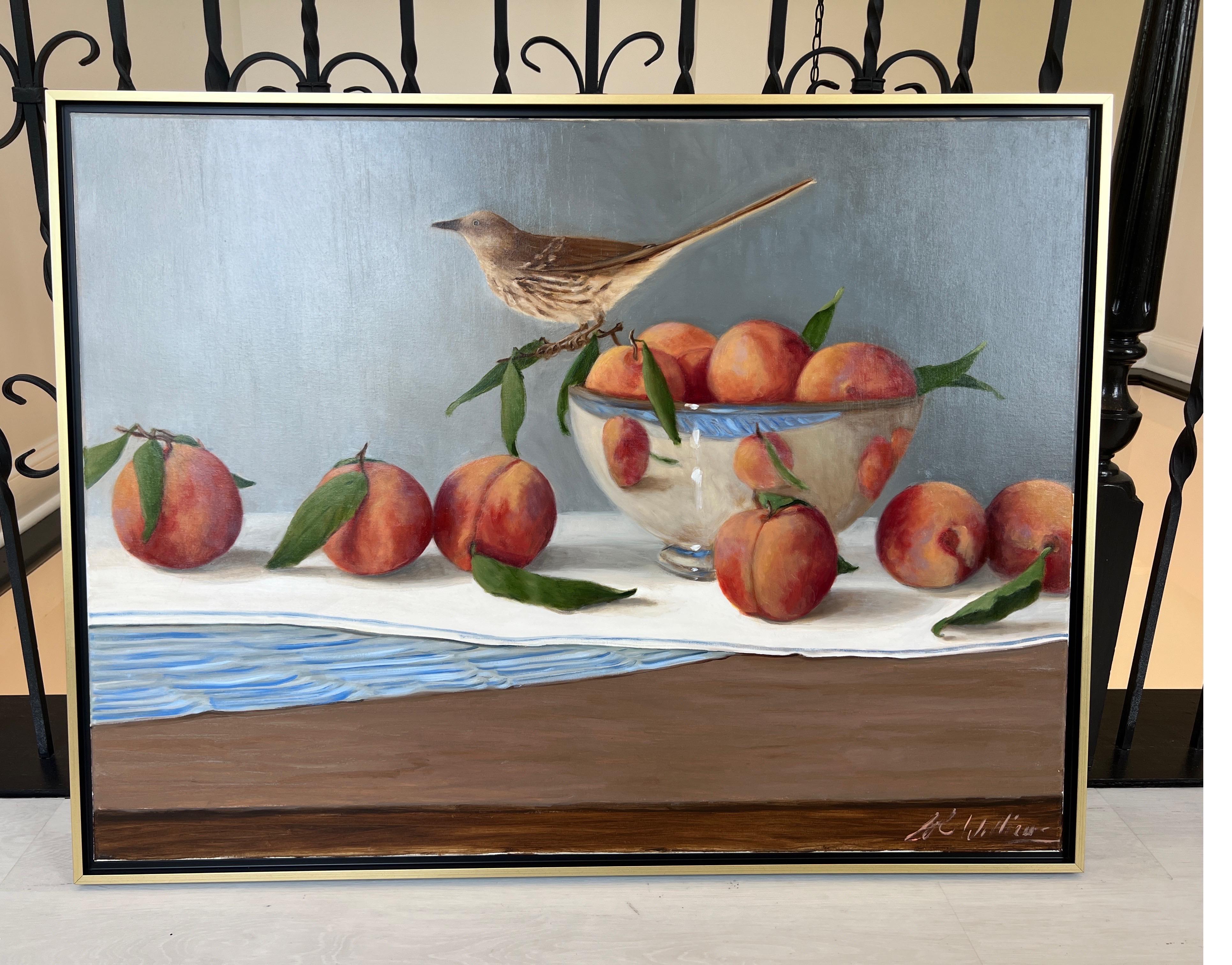 Georgians di William Williams con cornice Natura morta con uccello e pesche Olio su tela - Painting di Ginny Williams