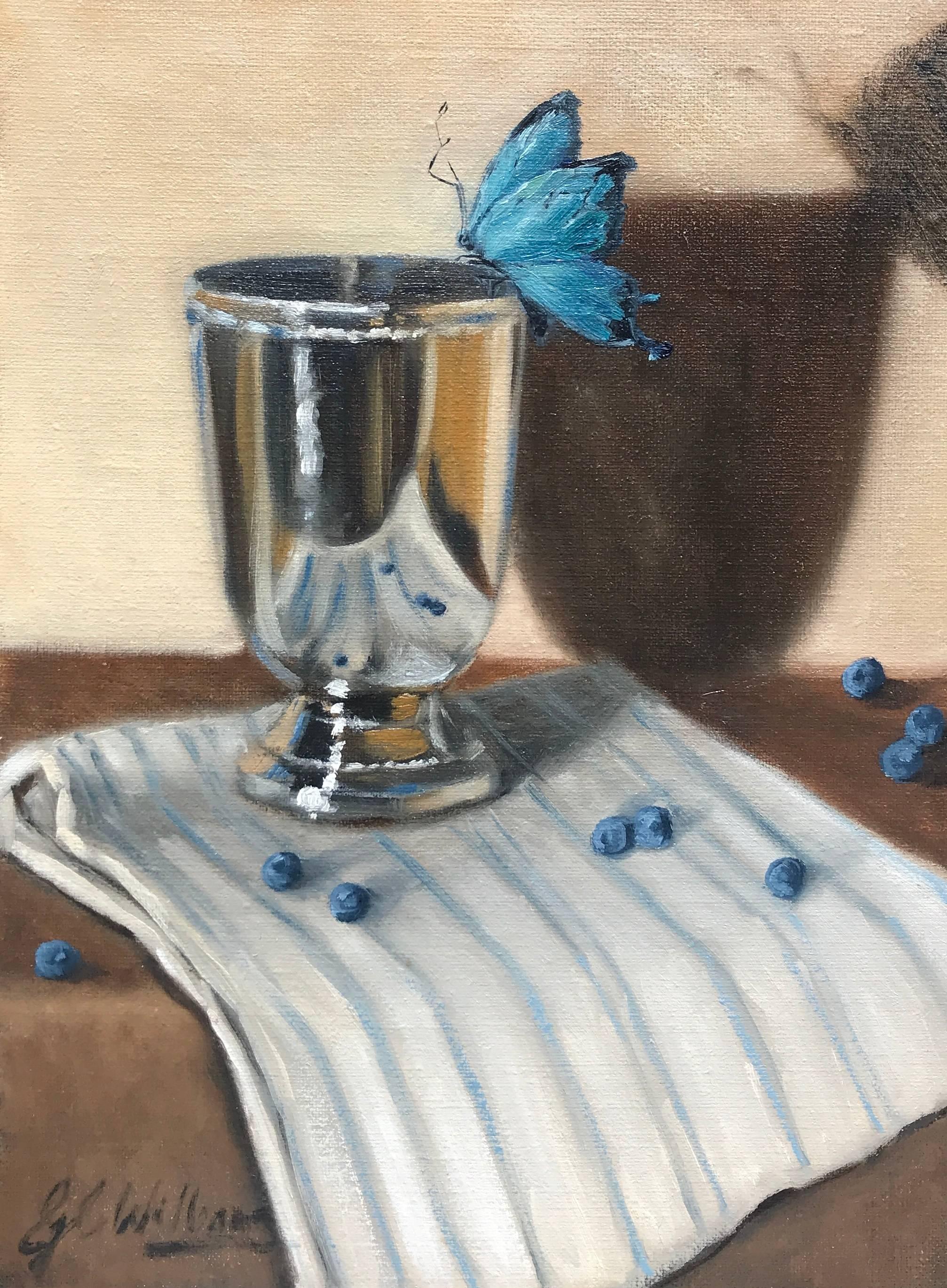 'Still Life with Blue' is a small representational oil on linen panel painting created by American artist Ginny Williams in 2018. Featuring a soft palette made of beige, brown and silver colors delicately accented by blue touches, the painting