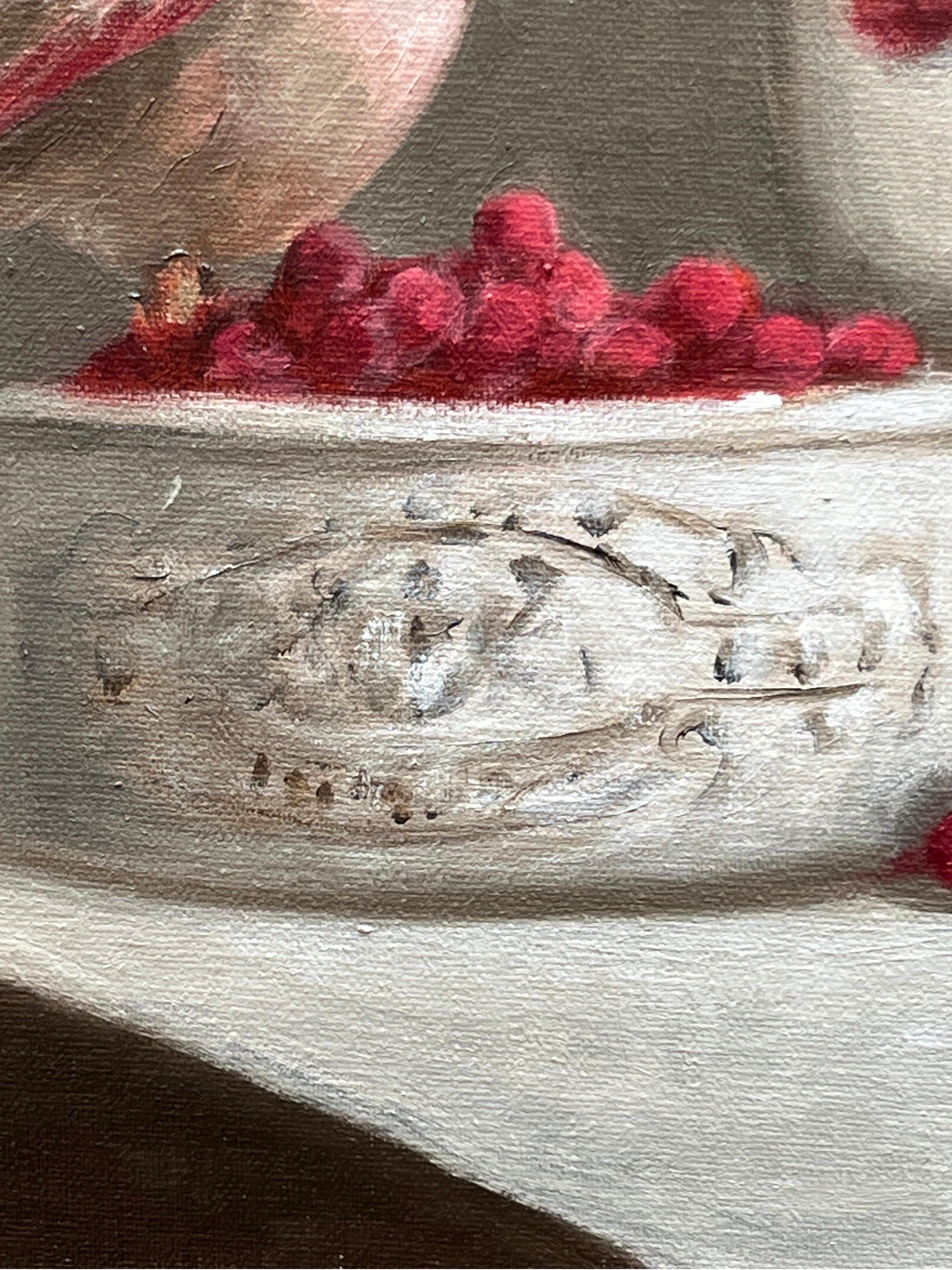 This piece is an original oil painting on linen panel. In it, a house finch sits on a ceramic dish of red berries next to a bouquet of flowers. 

GC Williams has a degree in art history which gave her an understanding of, and appreciation for, not