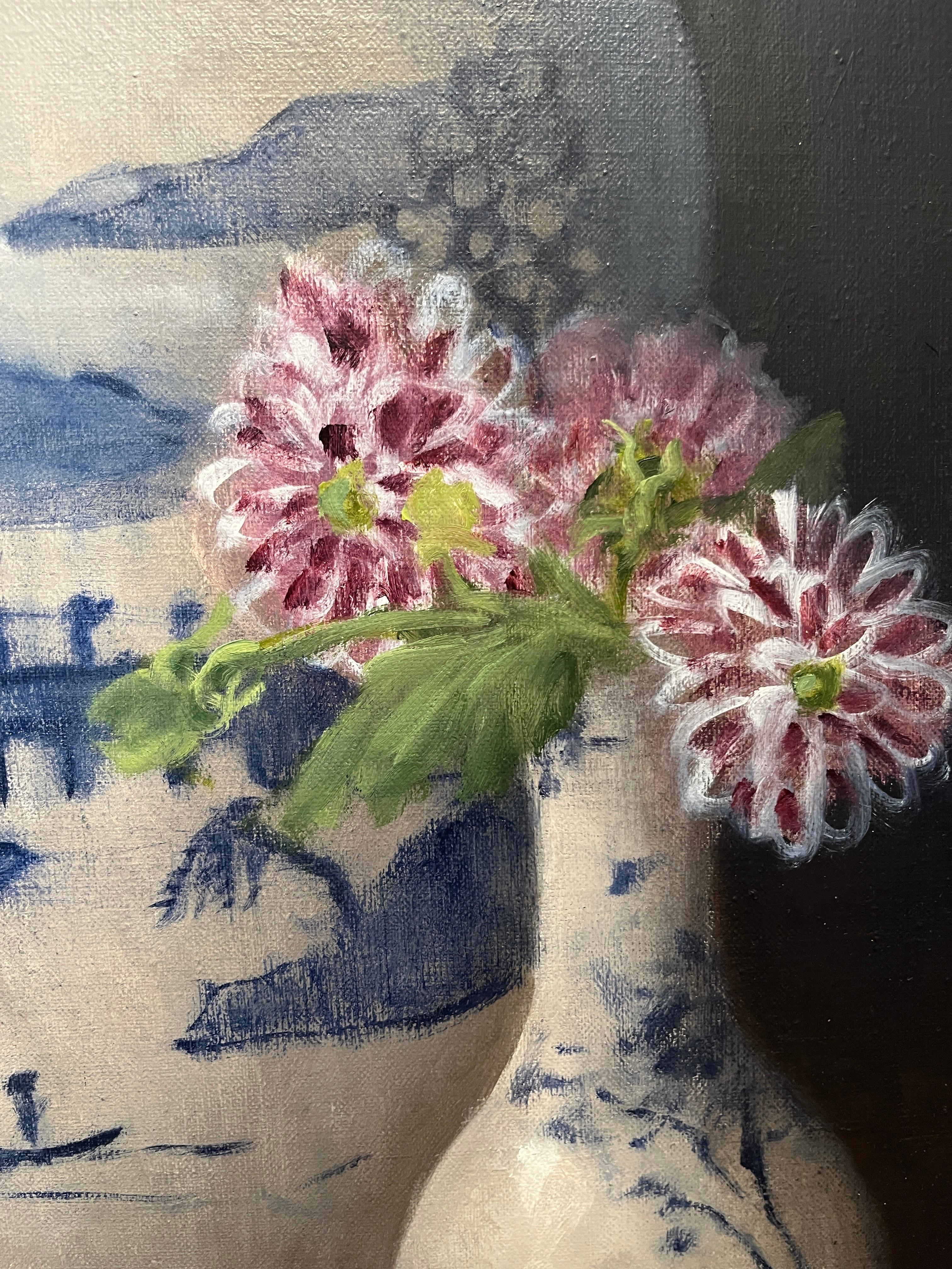 This piece is an original oil painting on linen canvas. It features blue and white porcelain vases and deep purple dahlias. Its overall framed dimensions are approximately 40x45 inches.  It is a beautiful, moody piece, full of the mystery its title