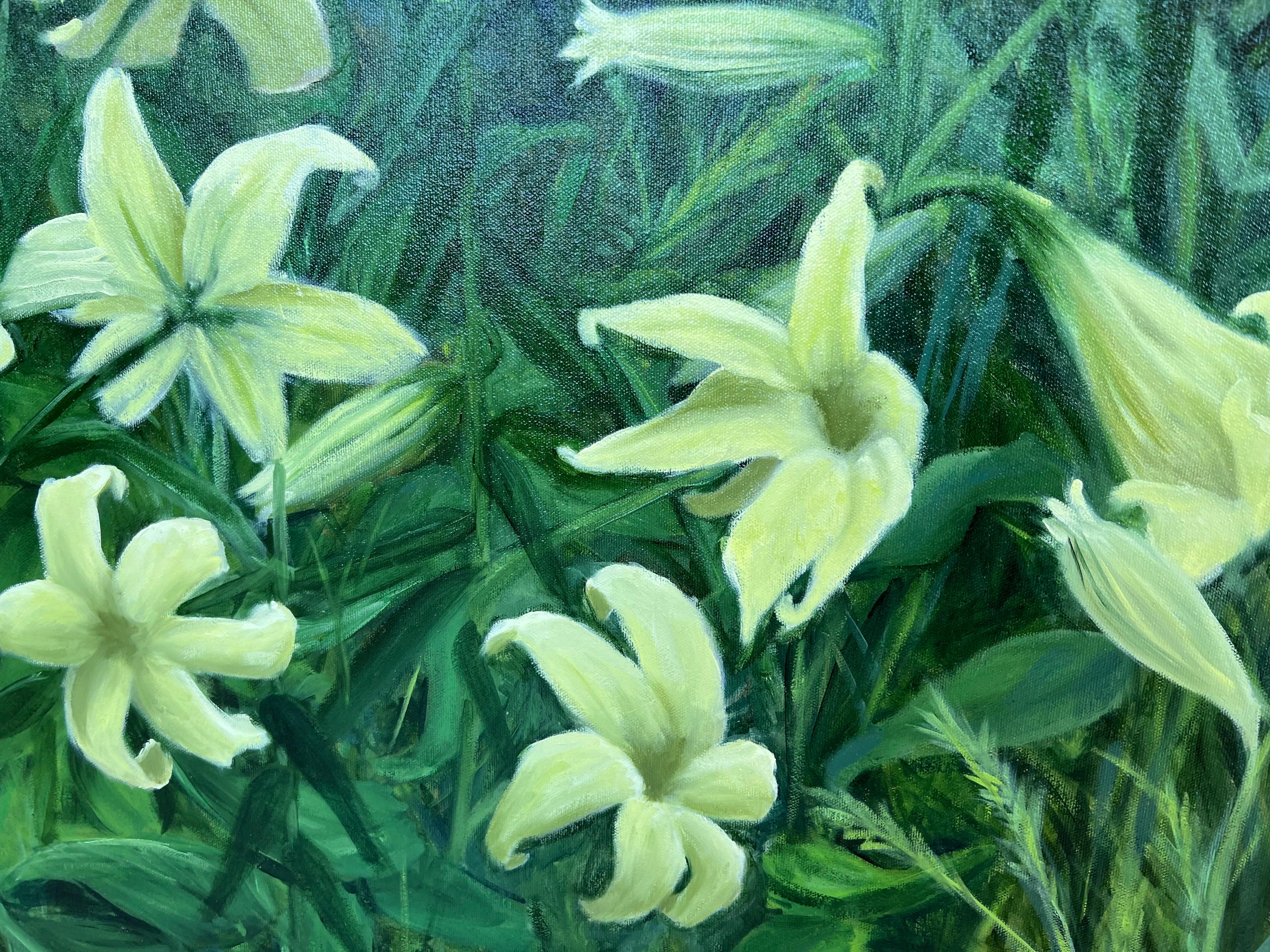 Lillies Among the Weeds by Ginny Williams Framed Still Life Oil on Canvas For Sale 4