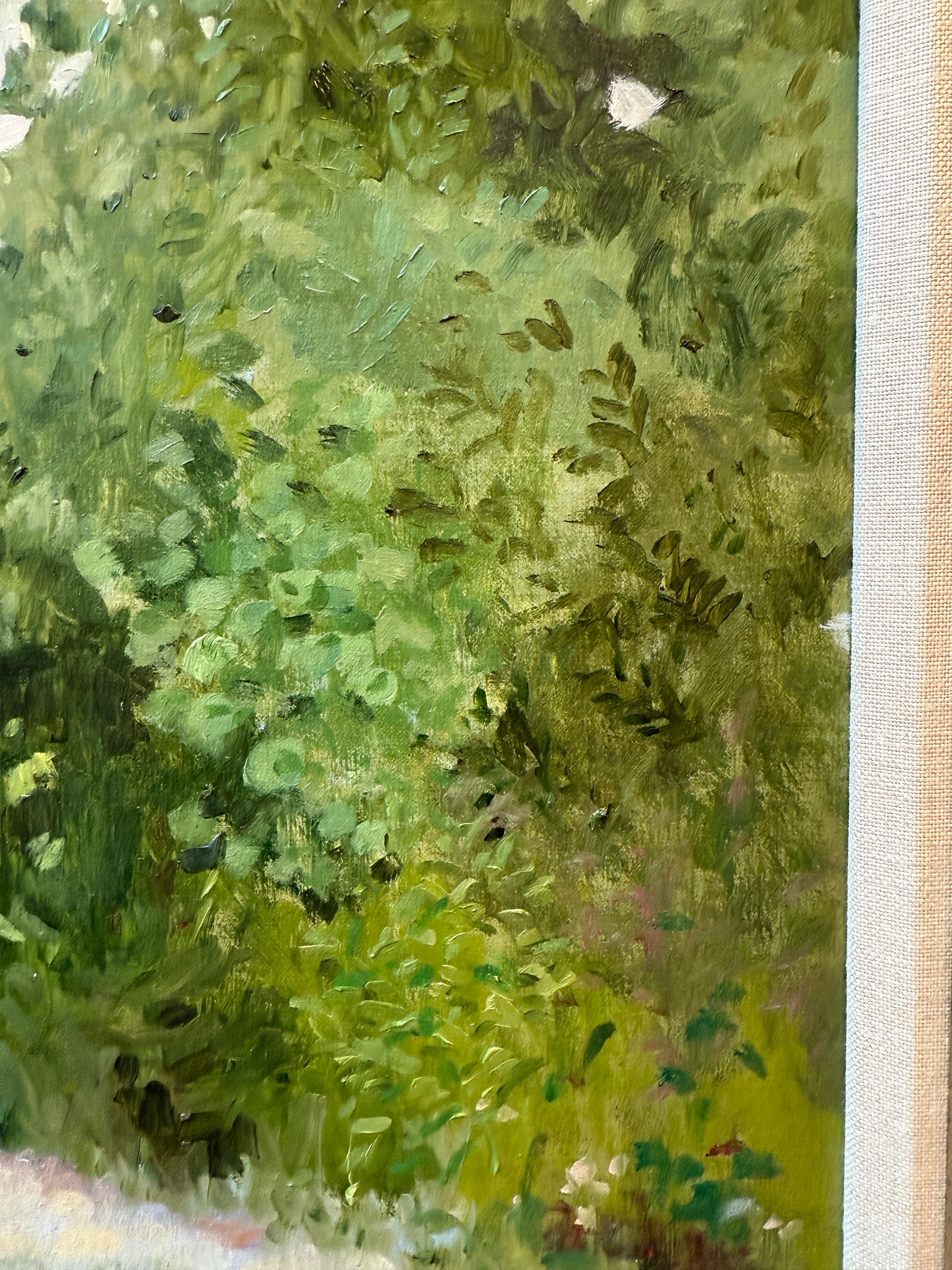 This piece is an original oil painting on panel. It was painted en plein air, on a hot day in August, behind the artist's studio. A riot of various shades of green, overlaid with the pale blue and white of wild flowers compose this landscape. The