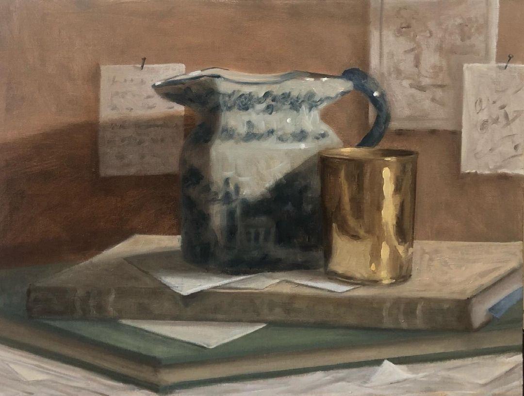 Pale Blue and Gold - Painting by Ginny Williams
