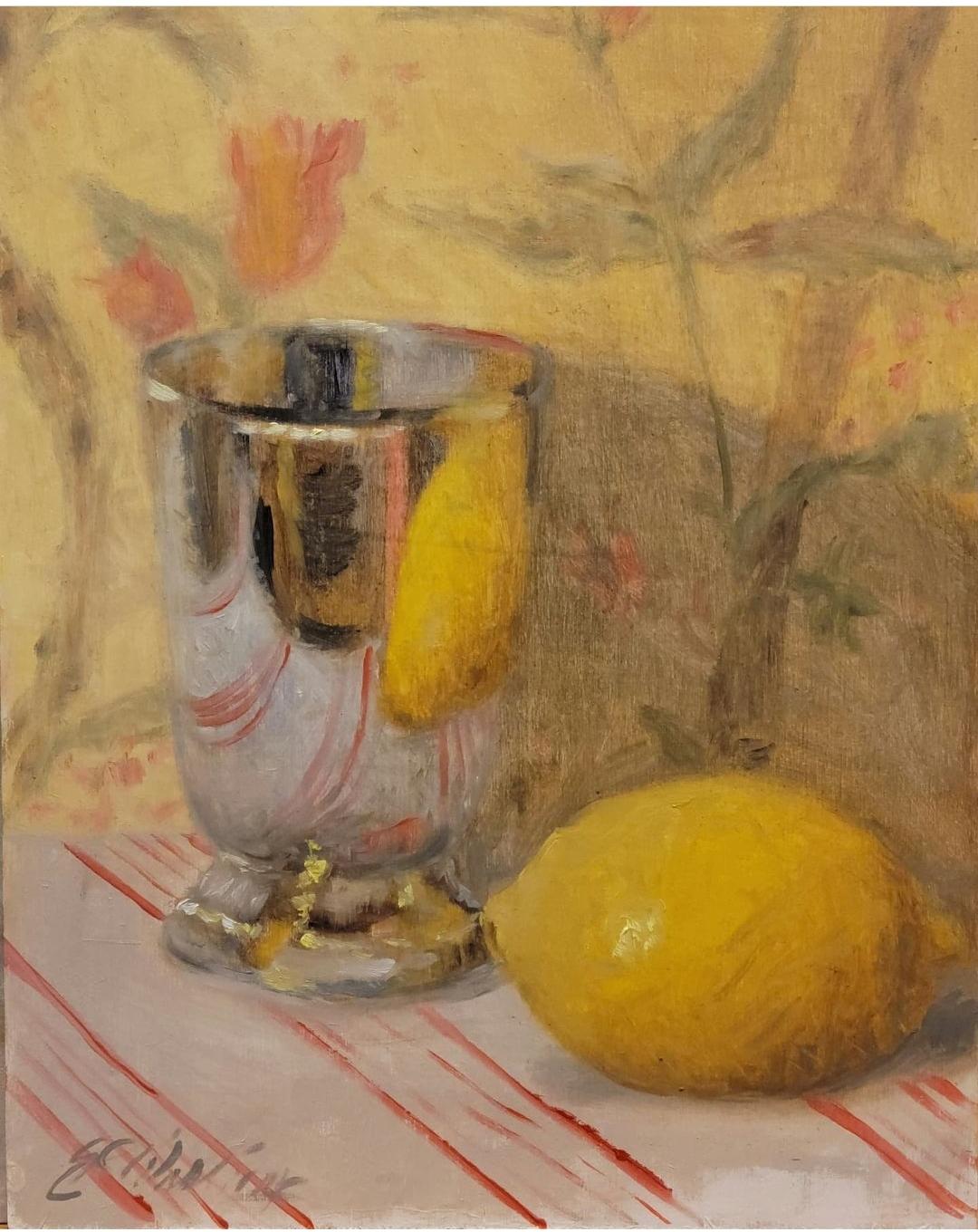 Silver Cup and Lemon by Ginny Williams Framed Still Life Oil on Board, Silver