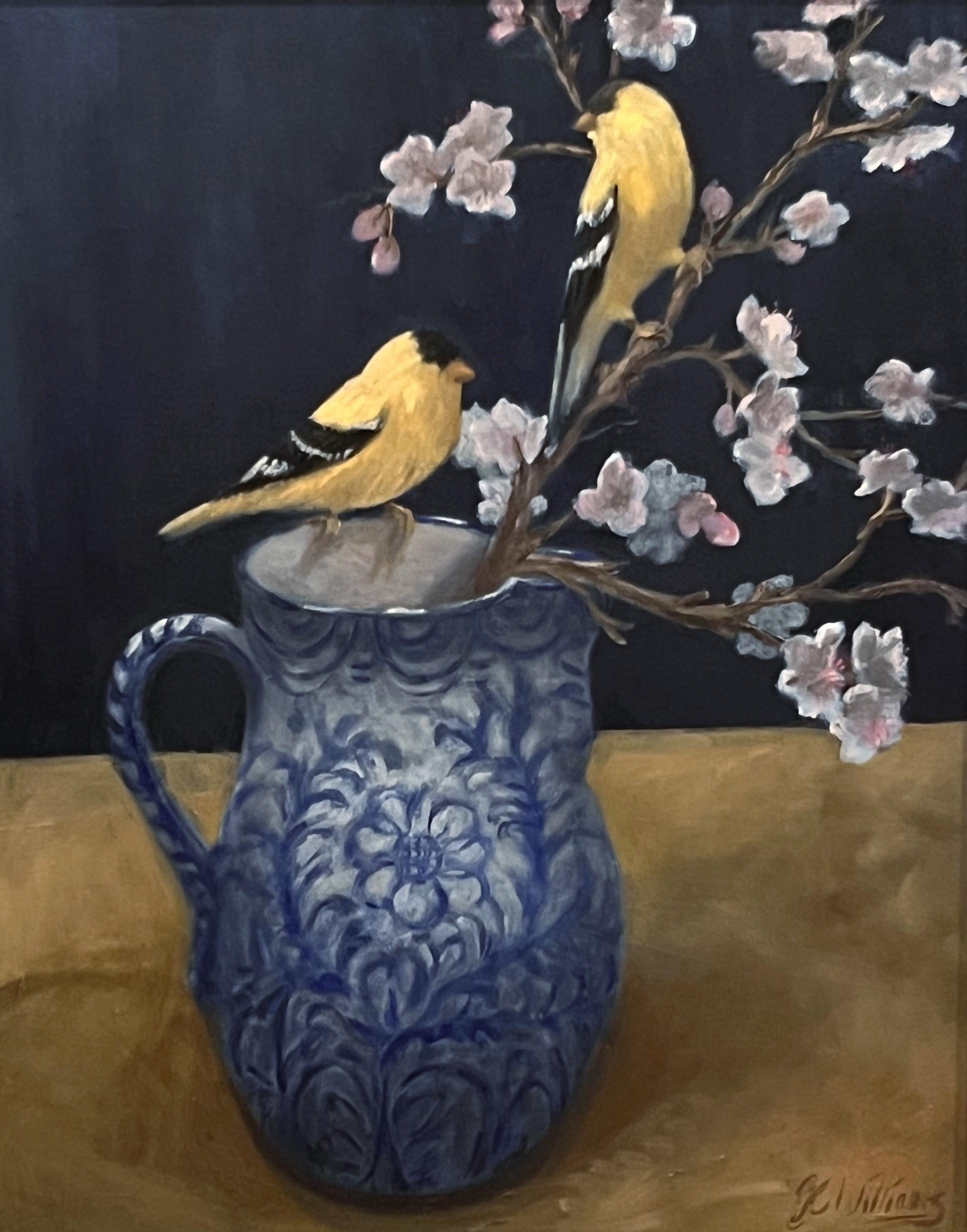 Printemps à Grenade par Ginny Williams Nature morte à l'oiseau encadrée Peinture à l'huile