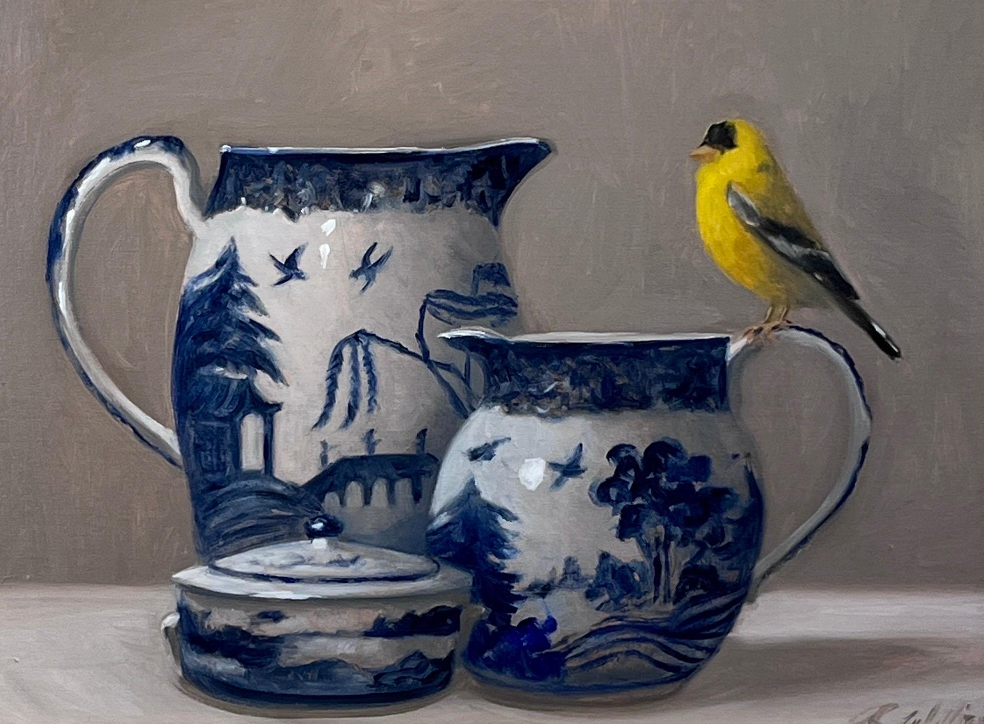 Still Life in Blue, White, and Gold - Painting by Ginny Williams