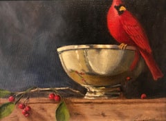 Still Life in Red by Ginny Williams, Small Framed Oil on Board Bird Painting