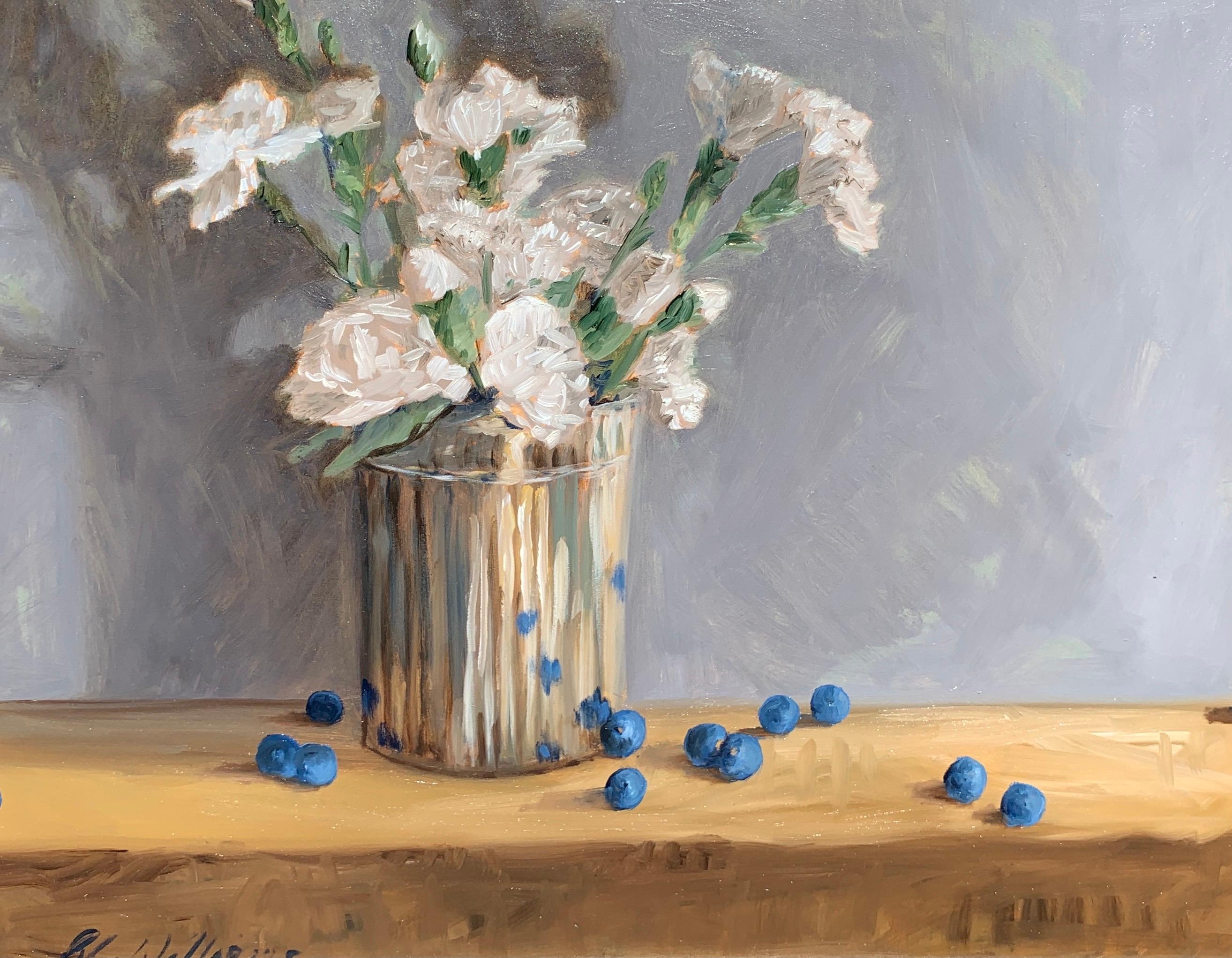Still Life with Carnations and Blueberries by Ginny Williams, Framed Realist Art
