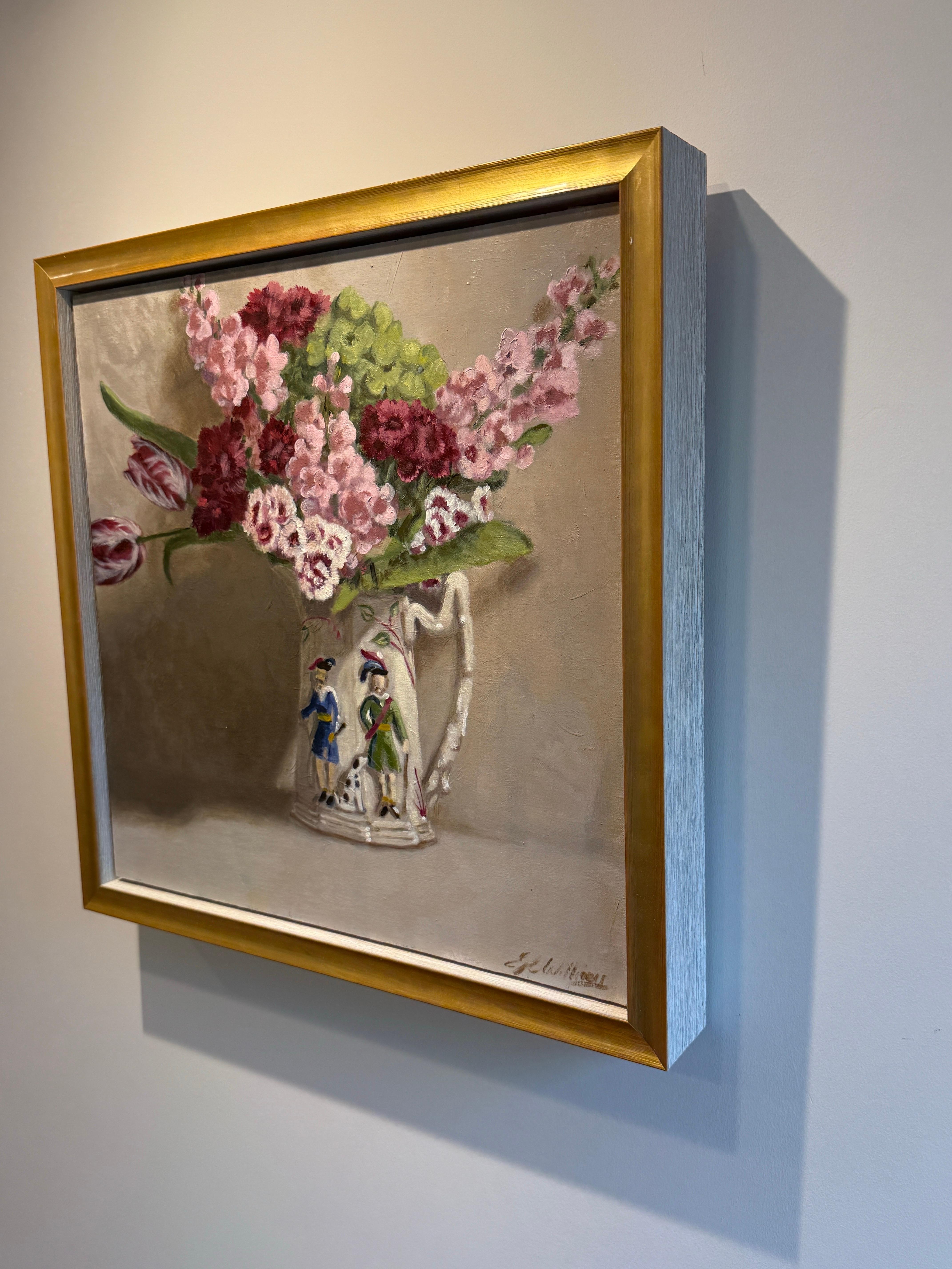 Esta obra es un óleo original sobre tabla. Presenta un hermoso ramo de flores primaverales: tulipanes, hortensias, sweet william y caldo. Se sostienen en una jarra alegre con un relieve de hombres vestidos con jubones de colores. 

GC Williams es