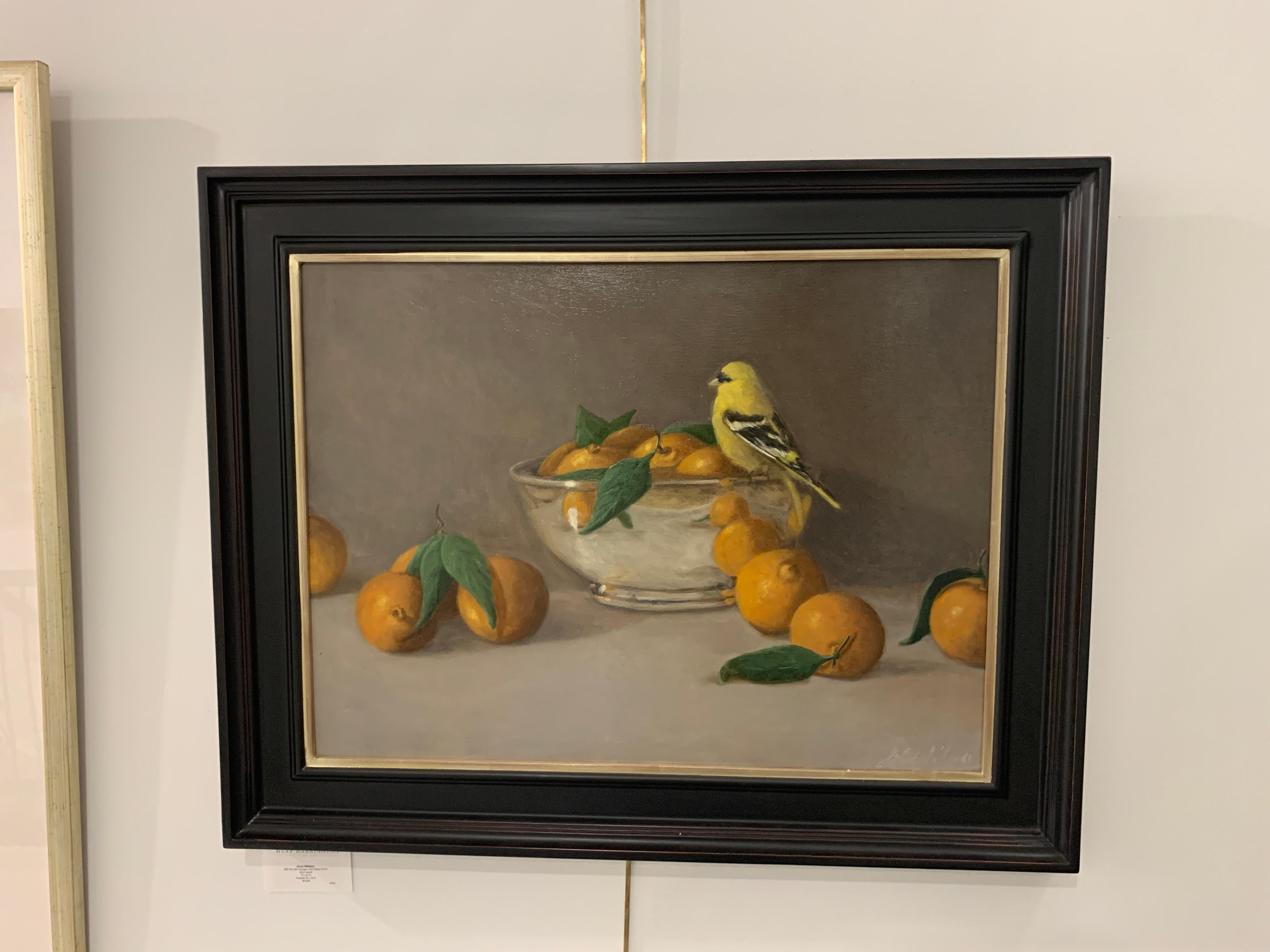 Set inside a gilt molded frame, this oil on linen still-life painting is signed lower right. Without its frame, it measures 18 x 24 inches.

We were immediately drawn to the thoughtfully painted work, the clever titles and the rich, deep hues. And