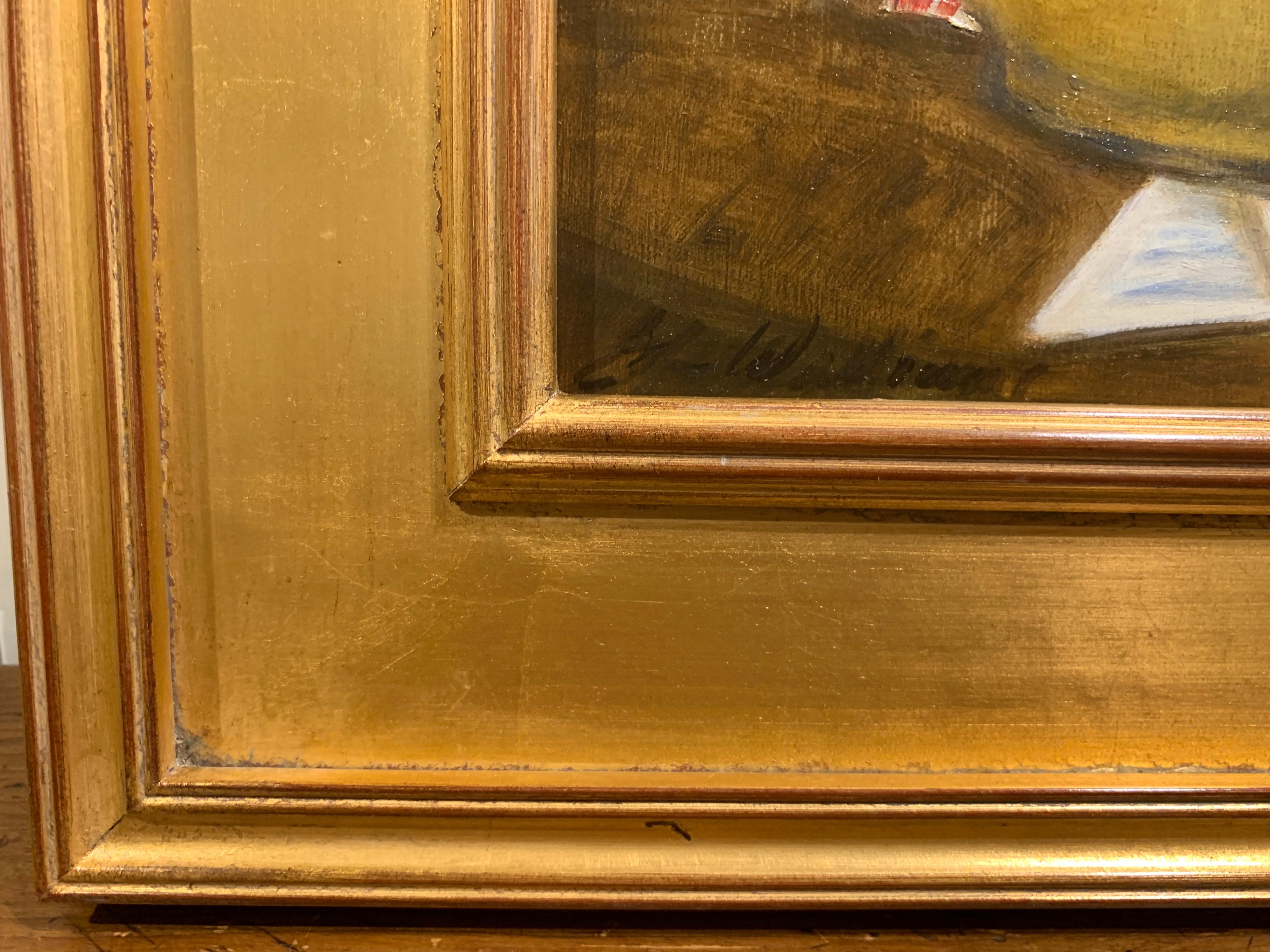 Ginny demonstrates here both her talent as a colorist and her understanding of Old Masters' techniques. Set inside a gold frame, this small format is signed lower right. Without its frame, this oil on canvas painting measures 11 inches high x 14