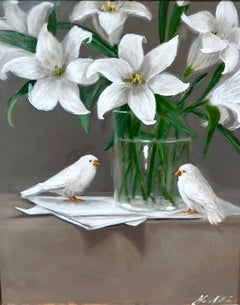 Nature morte florale encadrée « Tete a Tete » de Ginny Williams, huile sur toile
