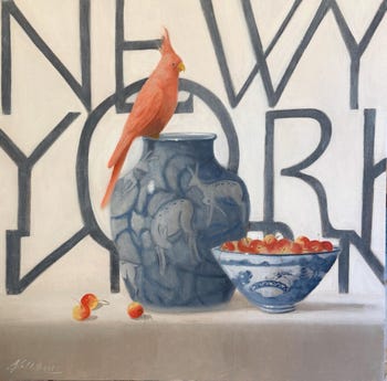The Antelope and the Cockatiel by Ginny Williams Still Life Oil Paintig, Bird