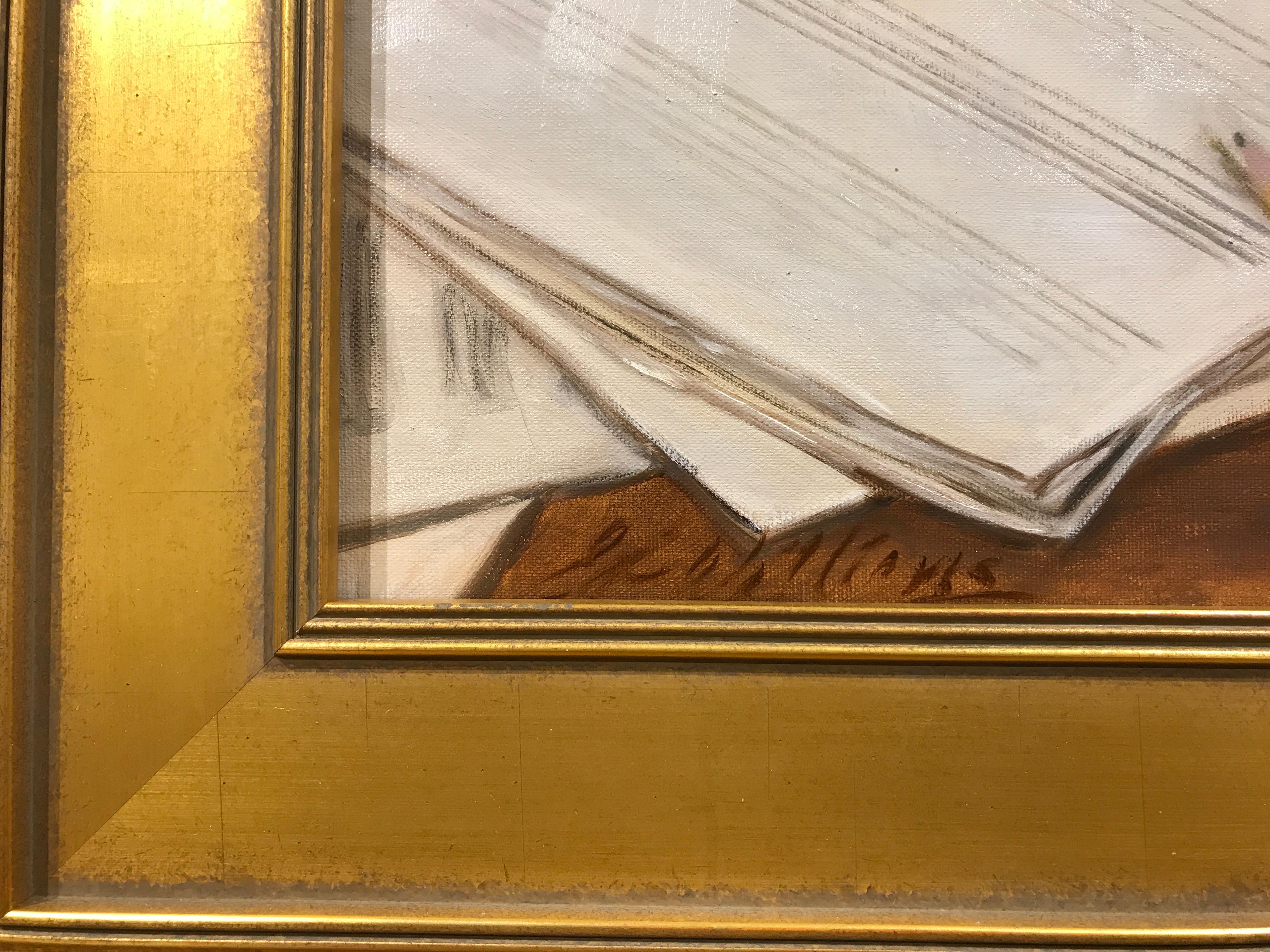 'The Composer' is a small framed oil on linen realist still-life painting created by American artist Ginny Williams in 2019. Featuring a soft palette made of beige, brown, white and blue tones, the painting evokes the creative process of a composer.
