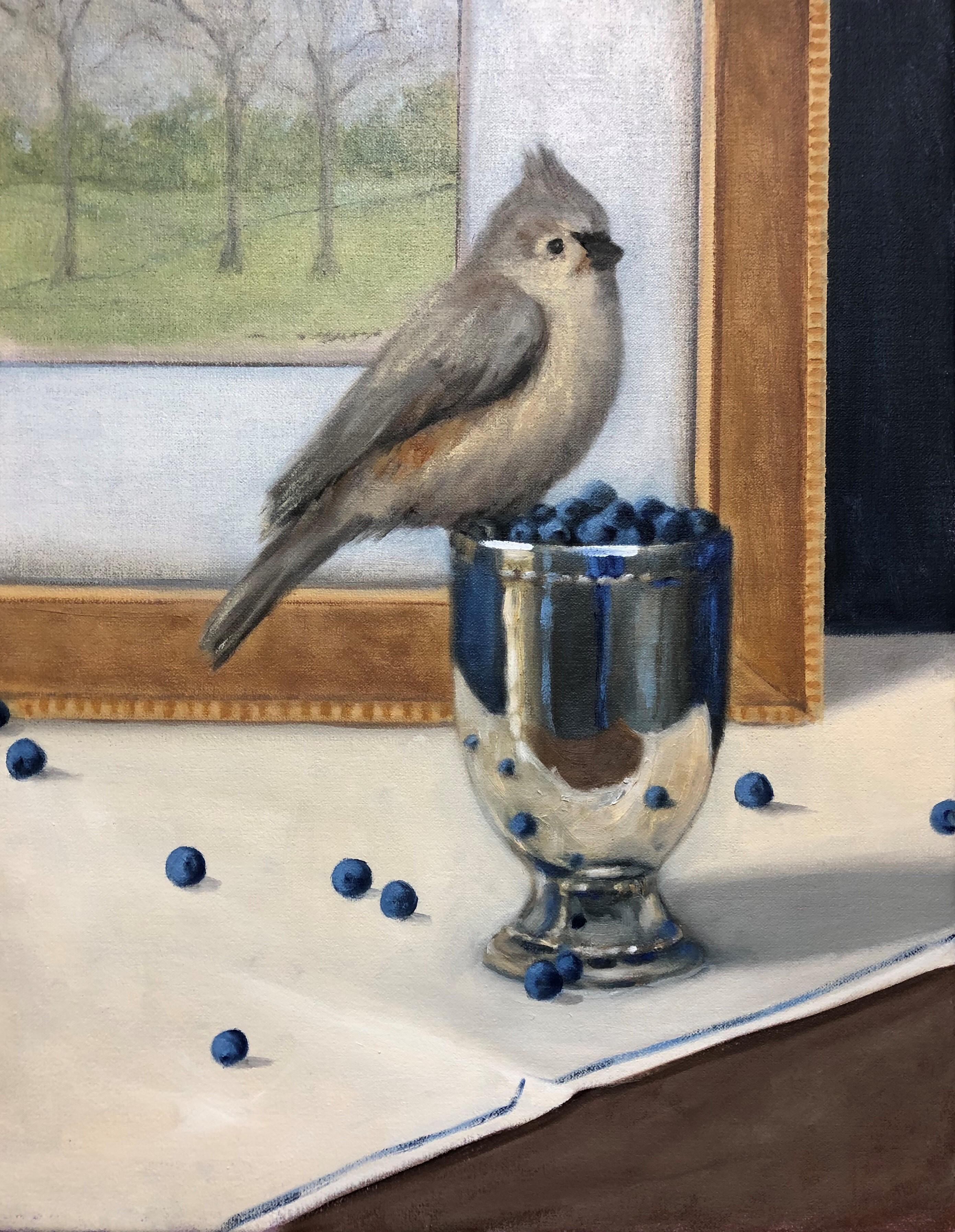 'The Intruder' is a small realist framed oil on linen bird painting created by American artist Ginny Williams in 2019. Featuring a soft palette made of blue, silver, brown, green and white tones, the painting focuses immediately our attention on the