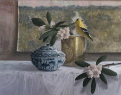 The Window par Ginny Williams Nature morte à l'oiseau encadrée Peinture à l'huile