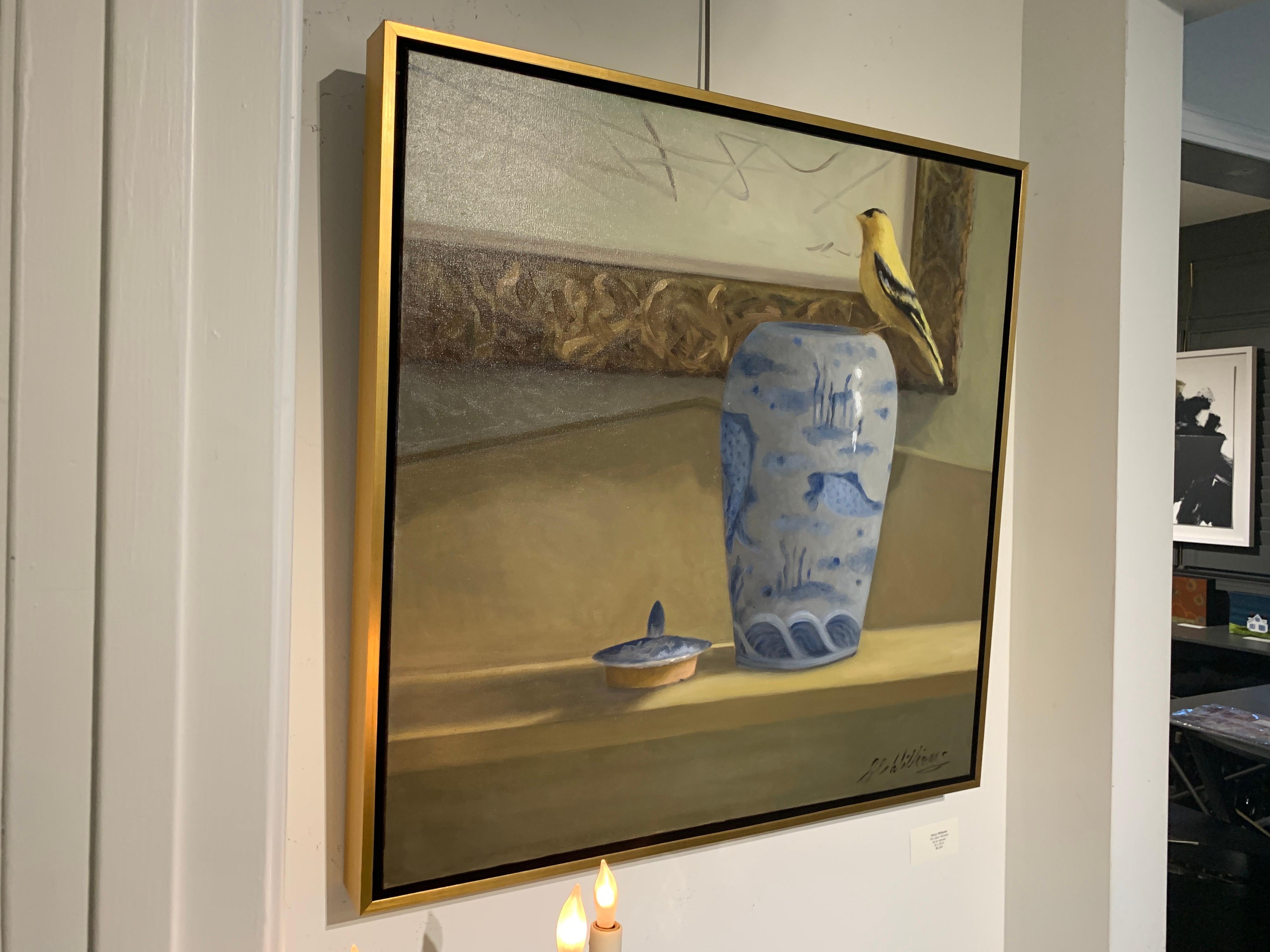 'The Open Window' is a framed oil on linen painting created by American artist Ginny Williams in 2020. This exquisite piece features a still-life that is not without reminiscing of 17th century paintings of Flanders and Holland, with a modern twist.