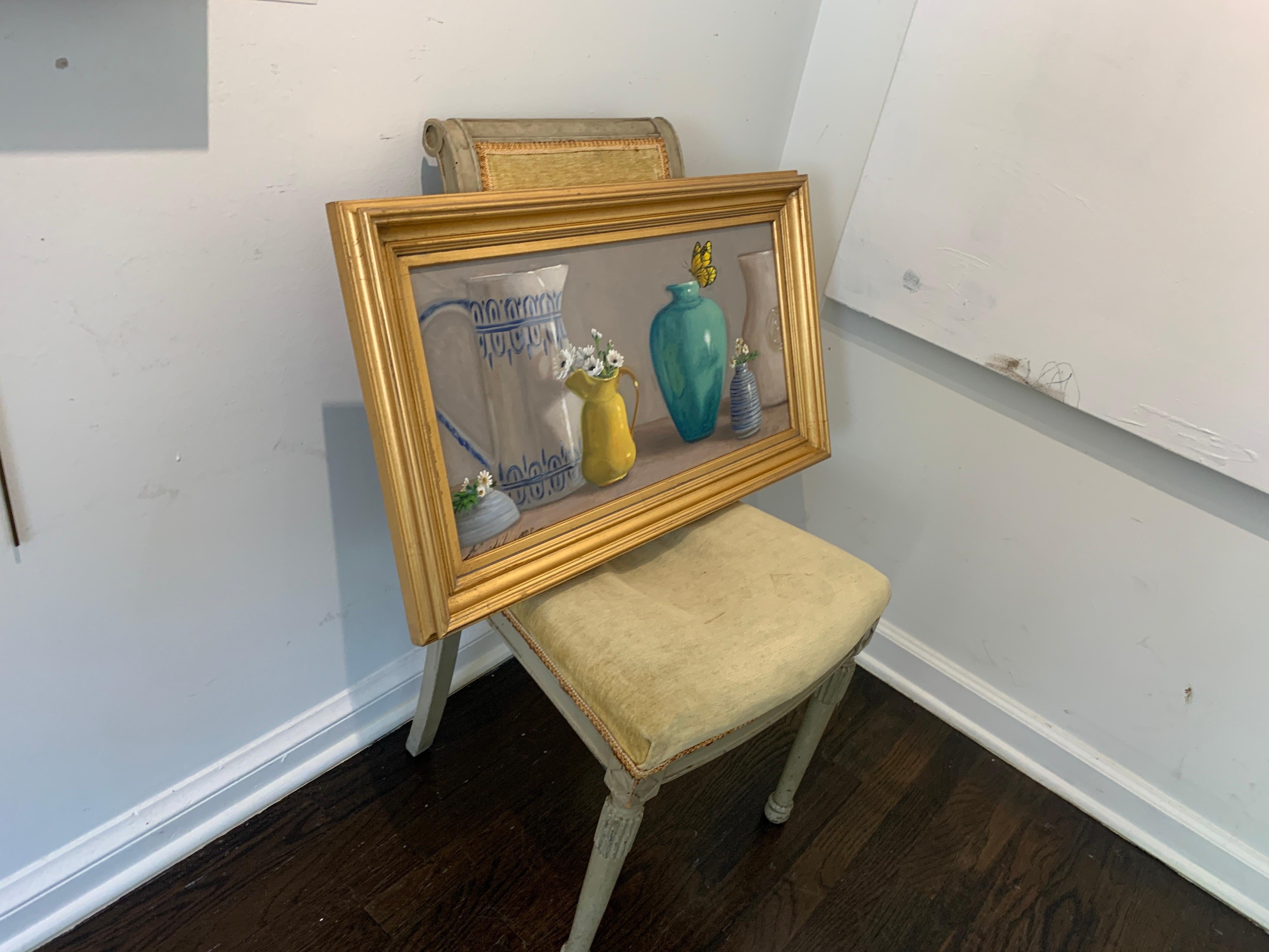 Ginny demonstrates here both her talent as a colorist and her understanding of Old Masters' techniques. Set inside a gold frame with gilt molding, this small horizontal format is signed lower left. Without its frame, this oil on canvas painting