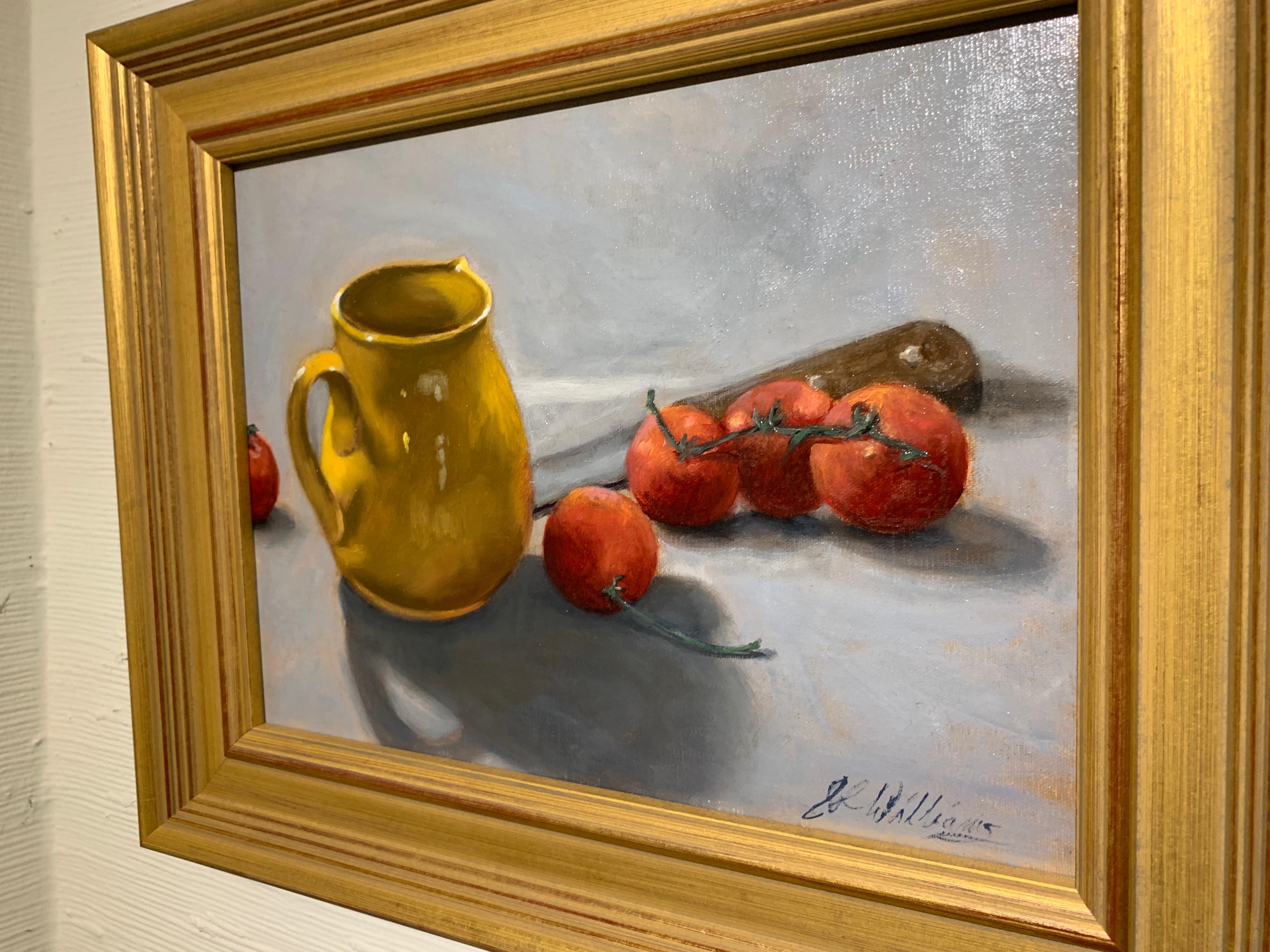 Set inside a gilt molded frame, this oil on linen still-life painting is signed lower right. Without its frame, it measures 9 x 12 inches.

We were immediately drawn to the thoughtfully painted work, the clever titles and the rich, deep hues. And