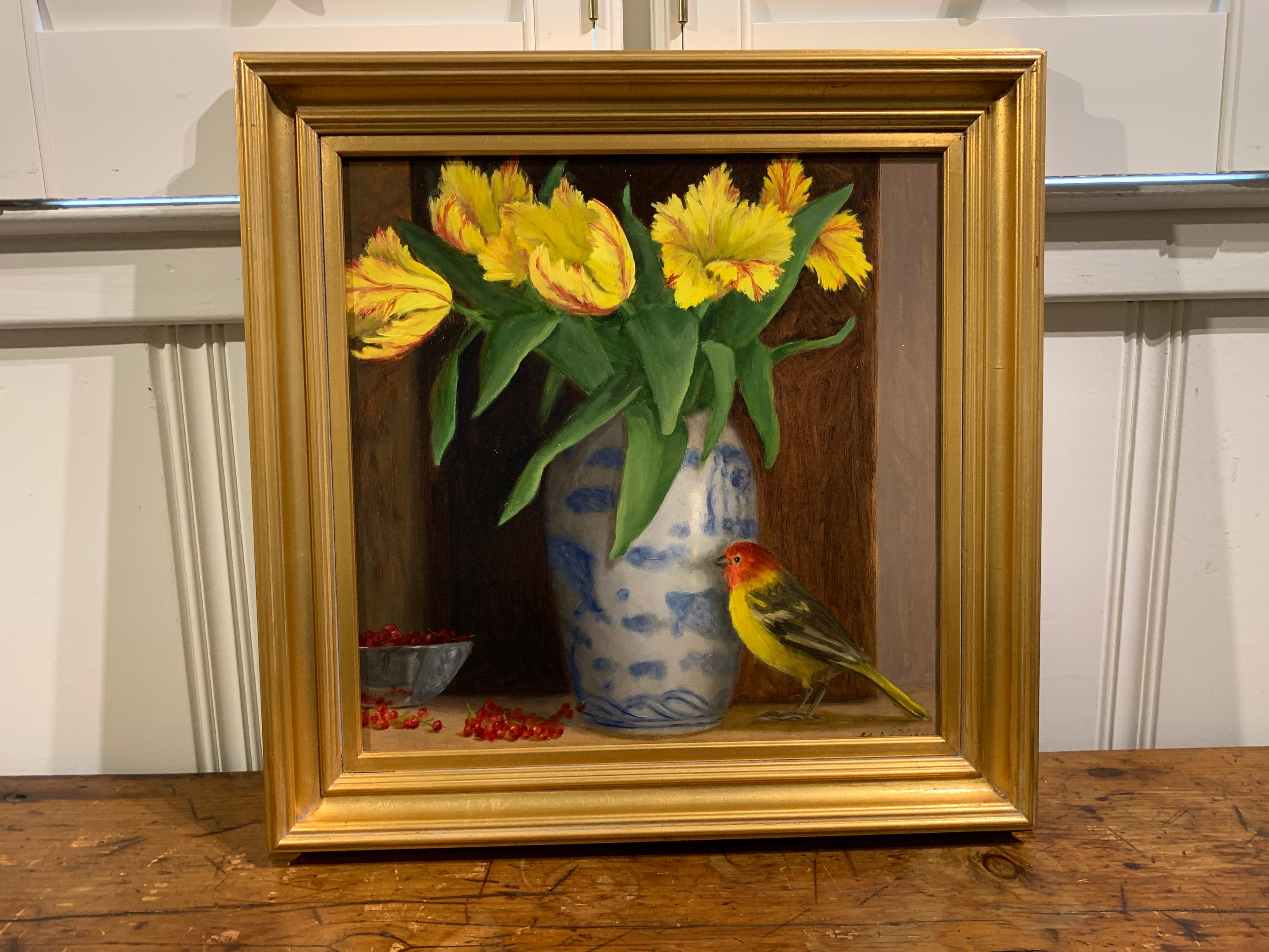 Tulips Tanager and Currants by Ginny Williams Framed Canvas Still Life Painting 1