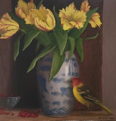 Tulips Tanager and Currants by Ginny Williams Framed Canvas Still Life Painting