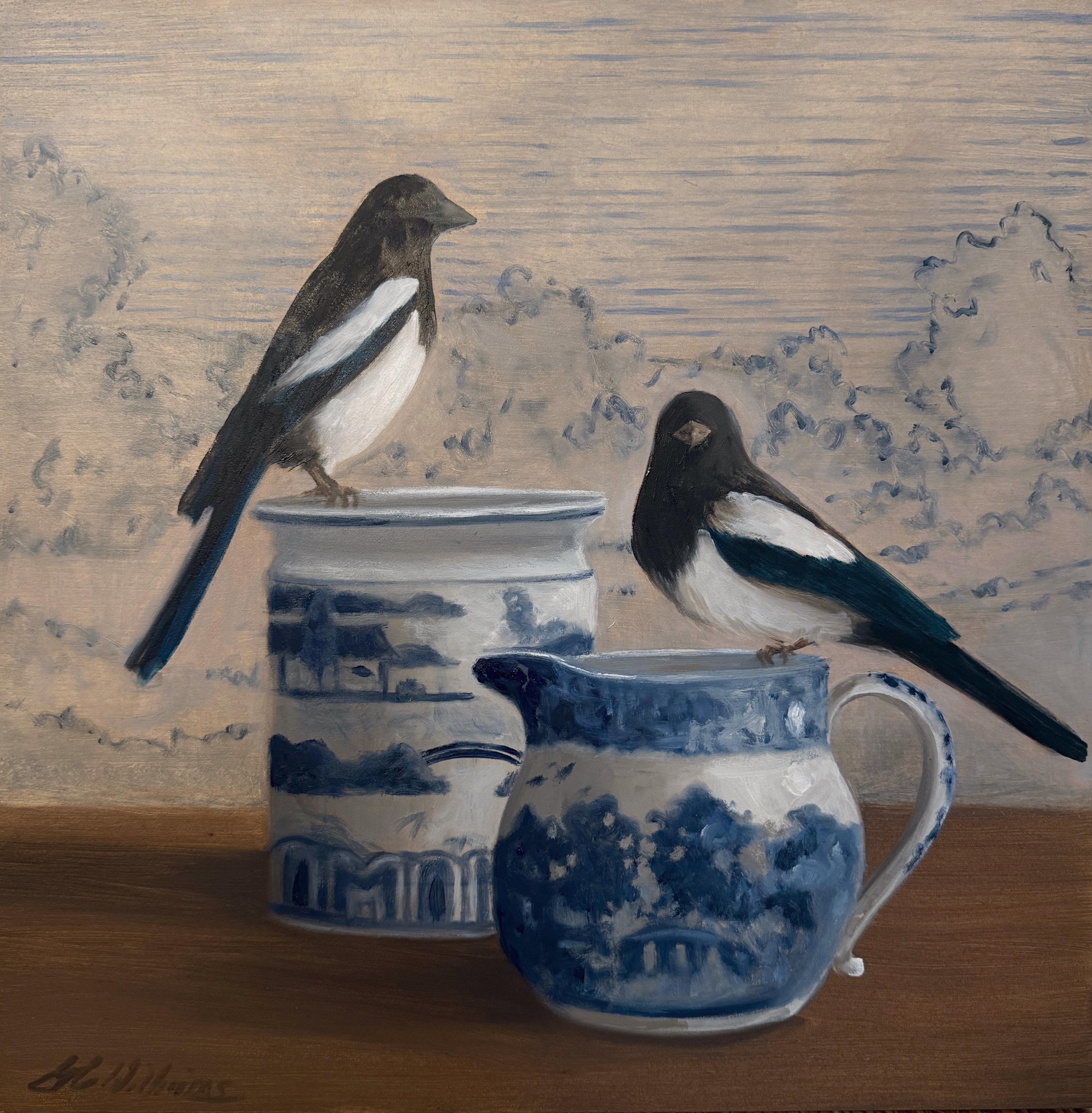 Two for Joy par Ginny Williams Nature morte Magpie Peinture à l'huile Contemporaine