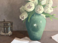 White Tulips, Turquoise Vase by Ginny Williams Framed Oil on Canvas Still Life