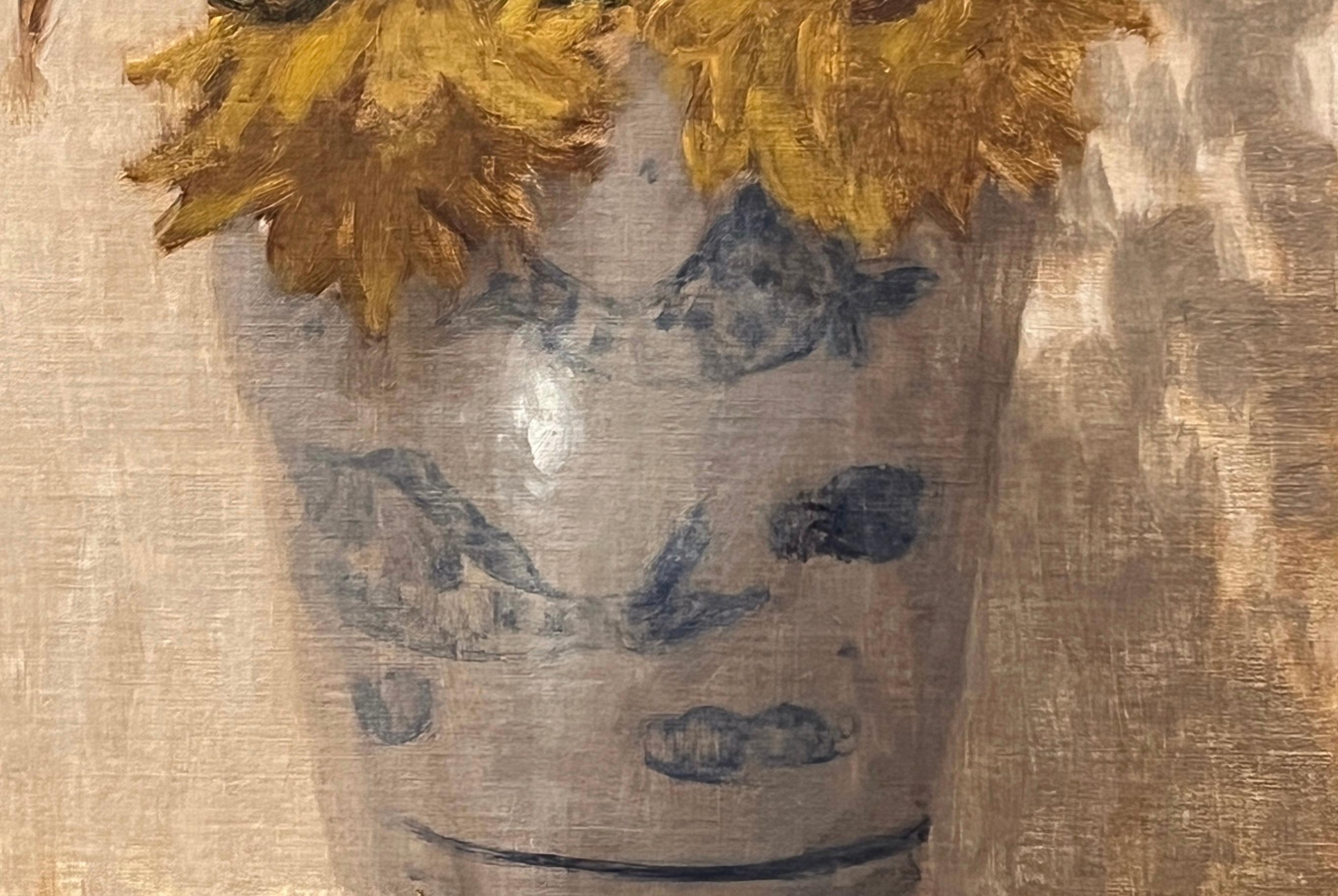 Questo pezzo è un dipinto a olio originale su pannello di tela di lino. Presenta vasi di porcellana blu e bianchi e girasoli. Le sue dimensioni complessive incorniciate sono di circa 16x14 pollici.  Ulteriori foto sono disponibili su richiesta.

GC