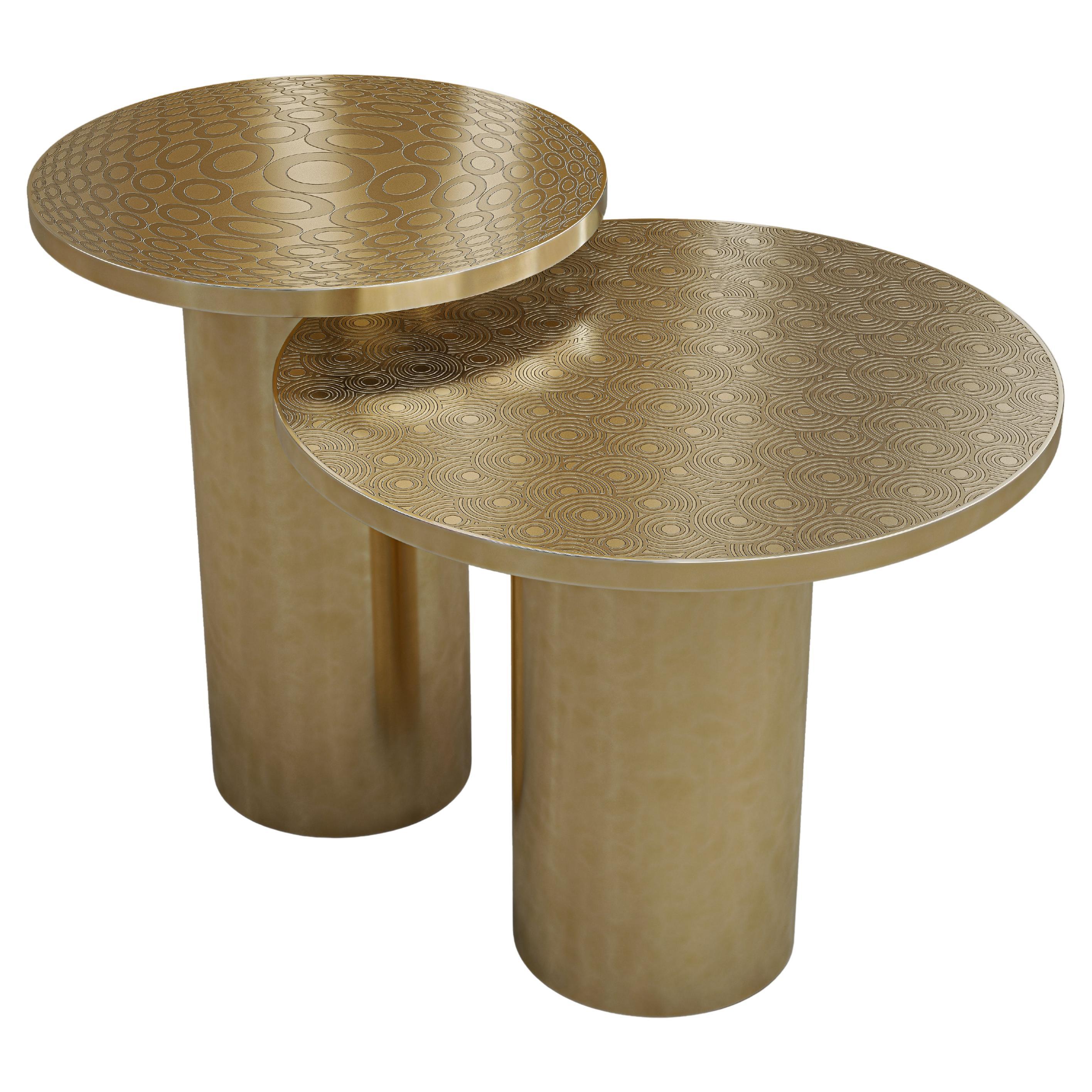 Art Déco Tavolino Gino 1C - H. 40 cm x Ø 50 cm - Ottone inciso a mano, finitura oro invecchiato in vendita