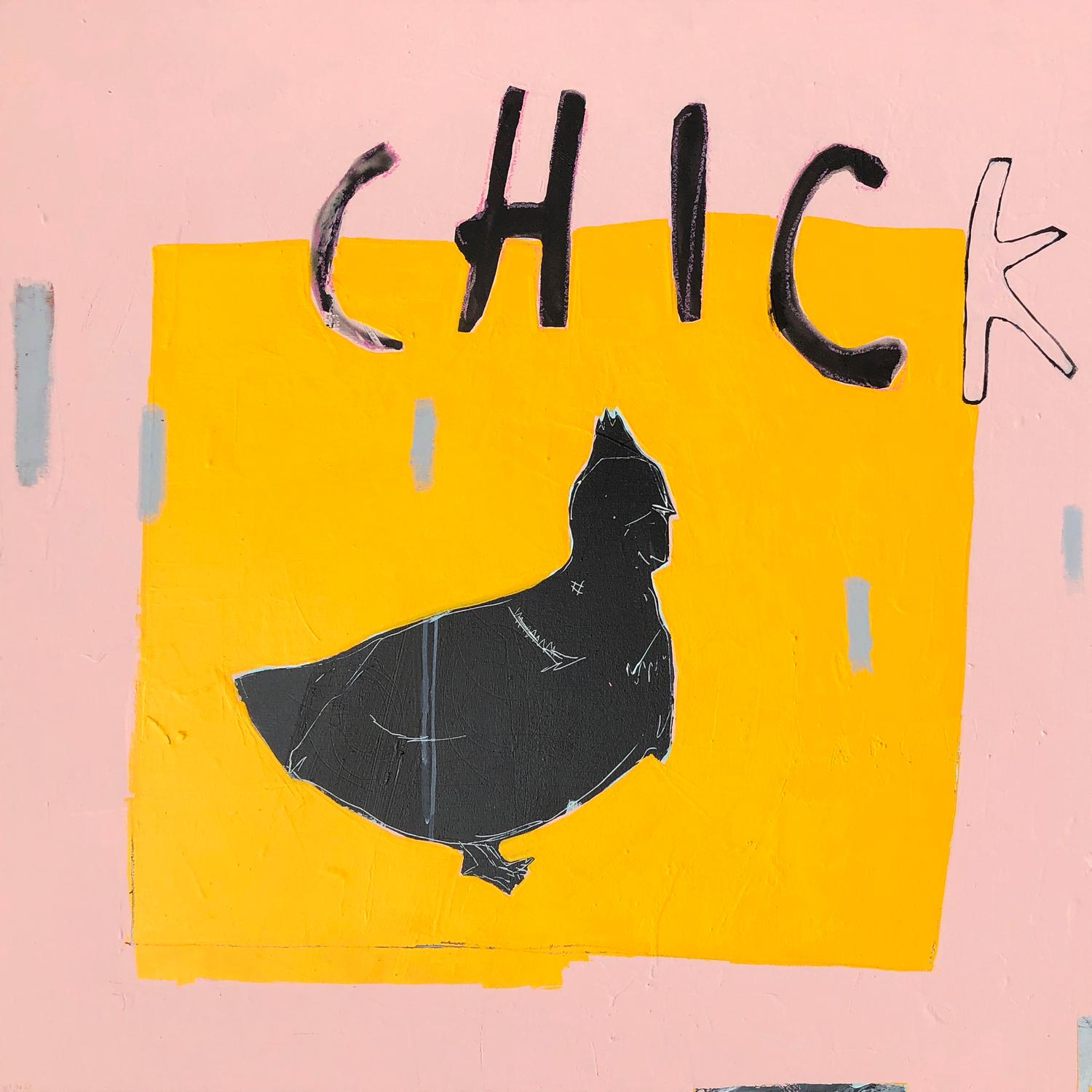 "Sidechick" by Gino Belassen is a unique acrylic on wood panel painting signed by the artist on the front. The original painting measures 36" H x 36" W. The artist painted the sides, and it does not require framing. There is a wire on the back for