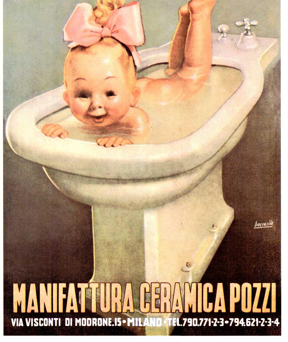 Original Bebé en bidé - Manifattura Ceramica Pozzi cartel italiano vintage - Print de Boccasile