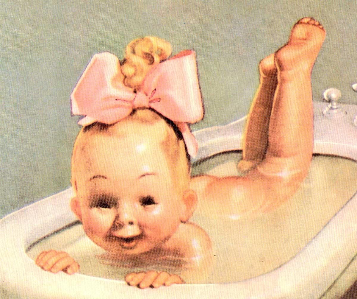 Original Bebé en bidé - Manifattura Ceramica Pozzi cartel italiano vintage - Print moderno estadounidense de Boccasile