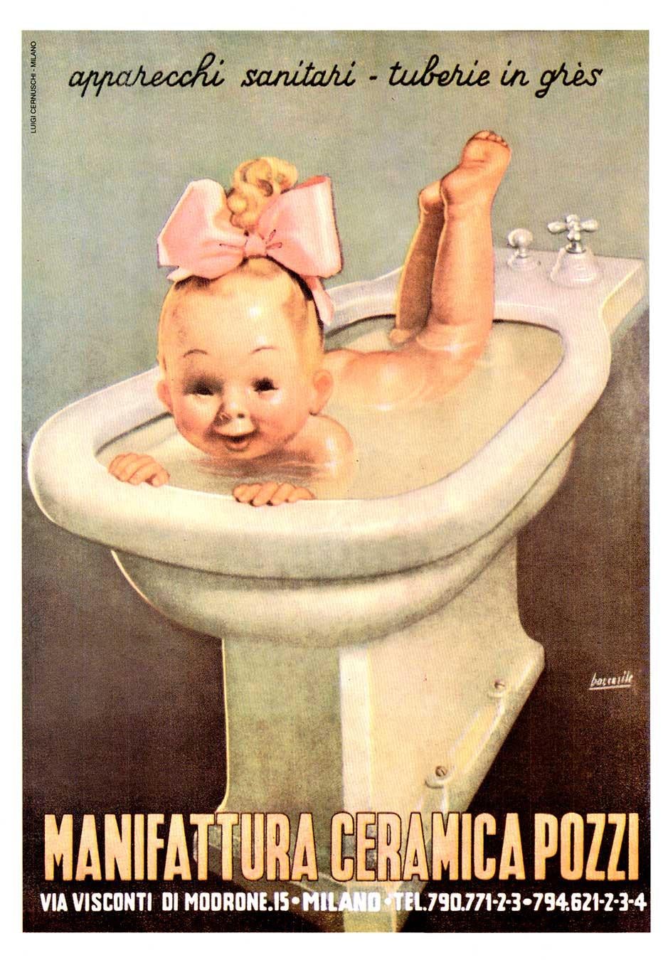 Original Baby in bidet - Manifattura Ceramica Pozzi vintage Italian poster