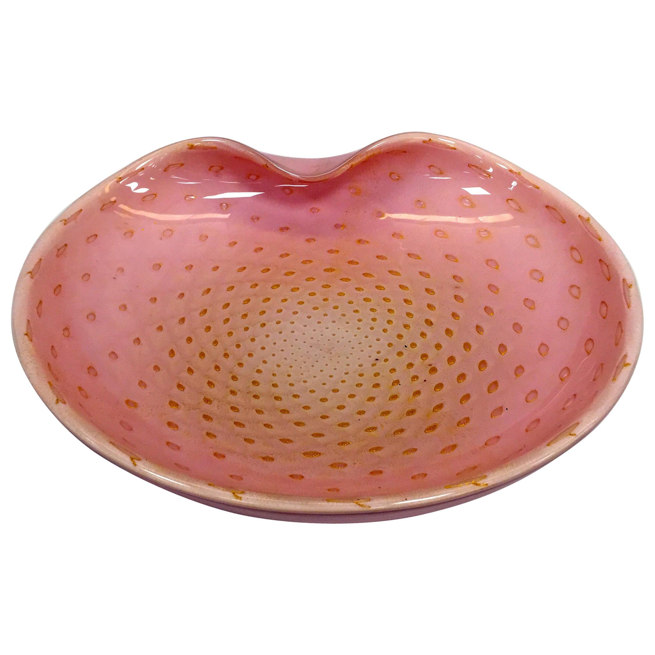 Gino Cenedese 1950 Murano Glass Pink Bowl Gold Bulicanti For Sale