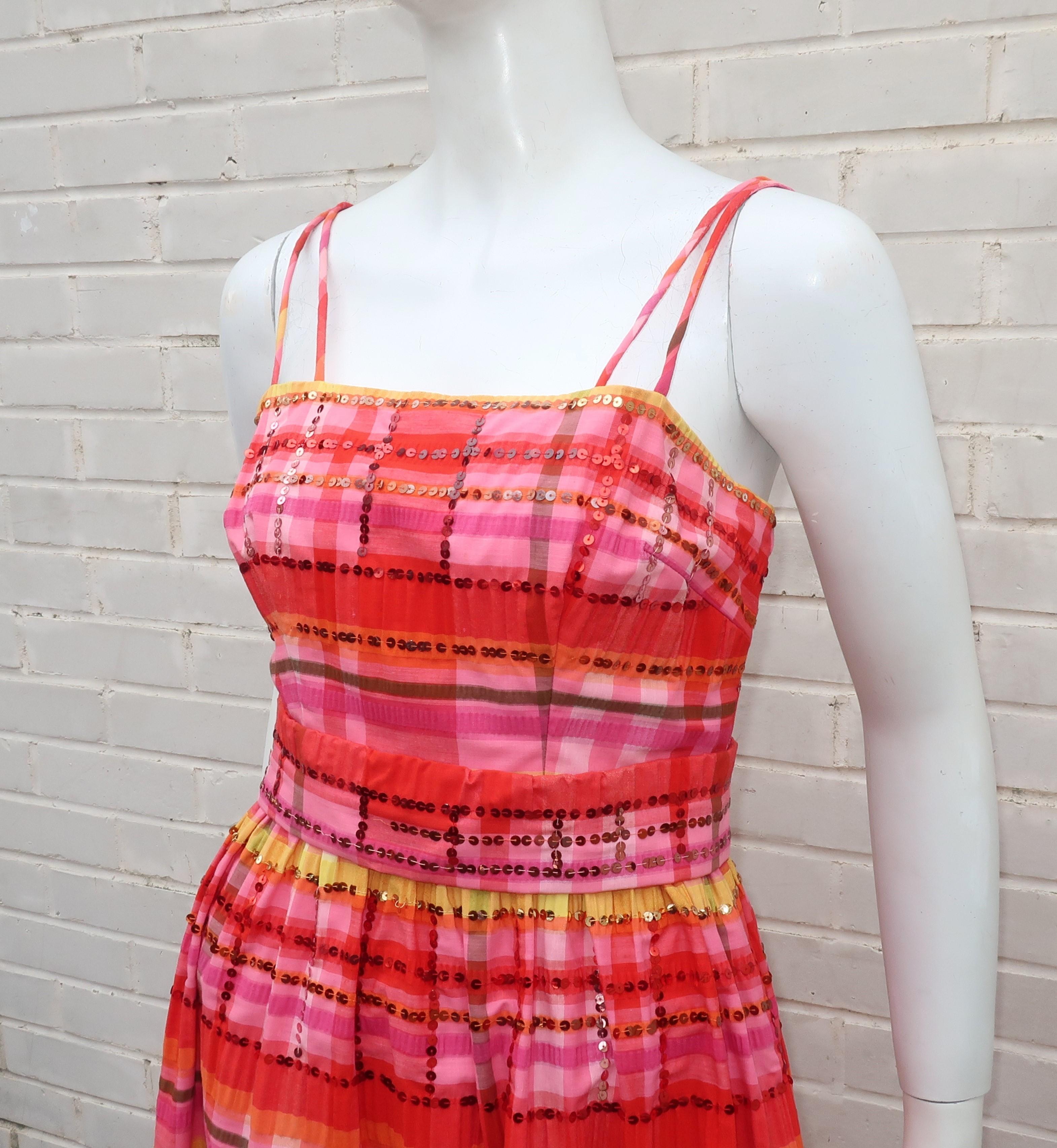 Gino Charles by Malcolm Starr Madras Seersucker Sequin Dress, 1960's In Good Condition In Atlanta, GA