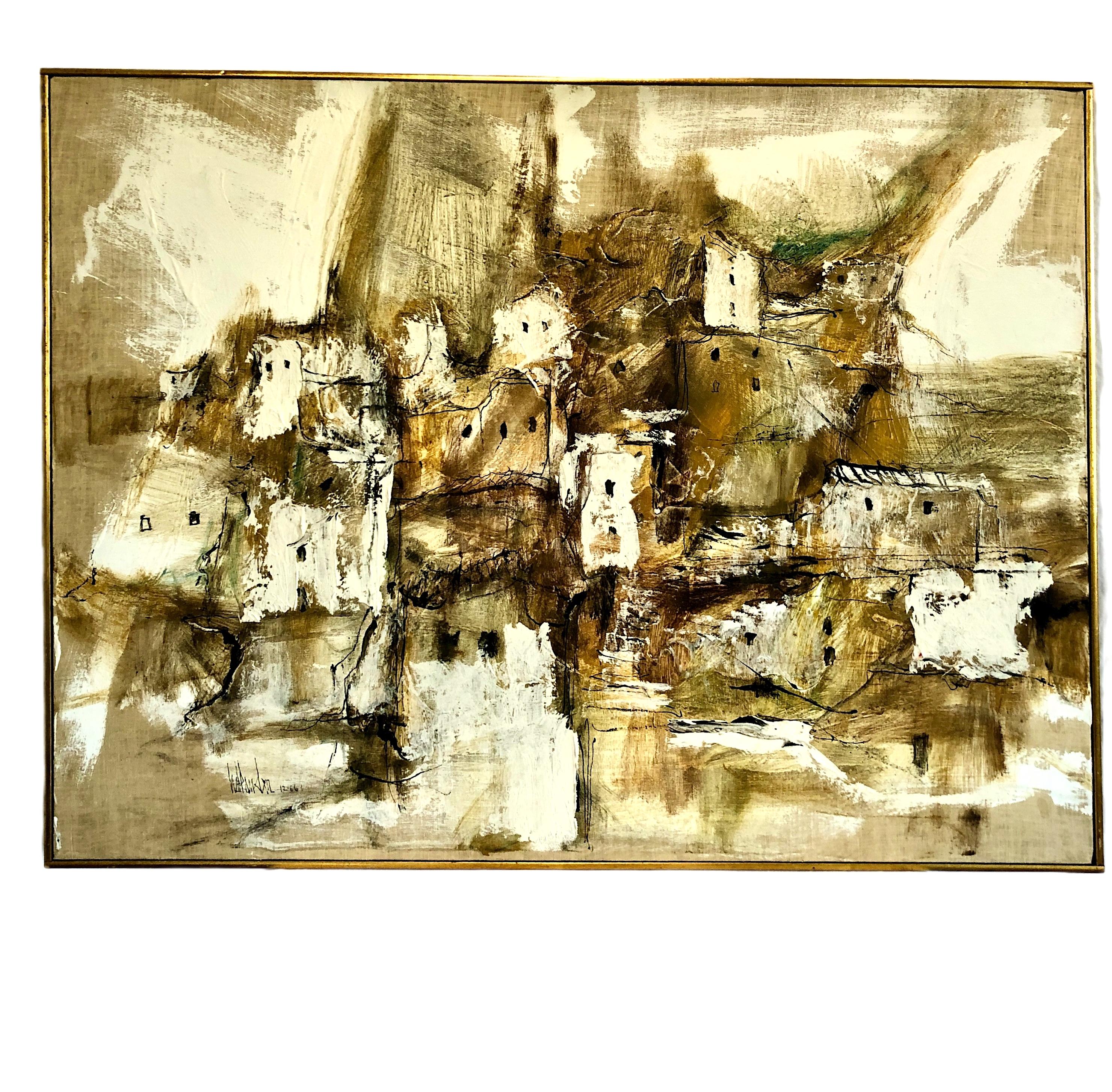 Abstract Painting de Gino F. Hollander - Paisaje abstracto de mediados de siglo de un pueblo en la ladera de una colina