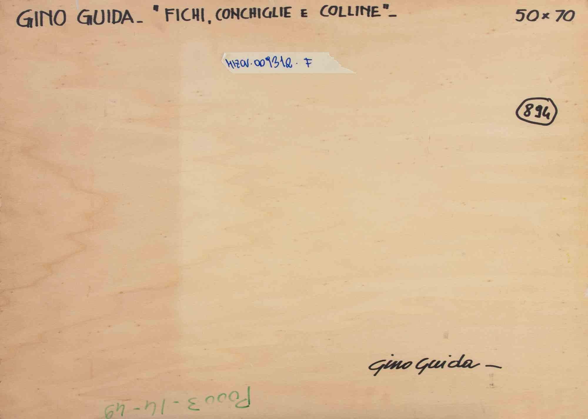Higos, conchas y colinas - Pintura de Gino Guida - Años 80 en venta 4