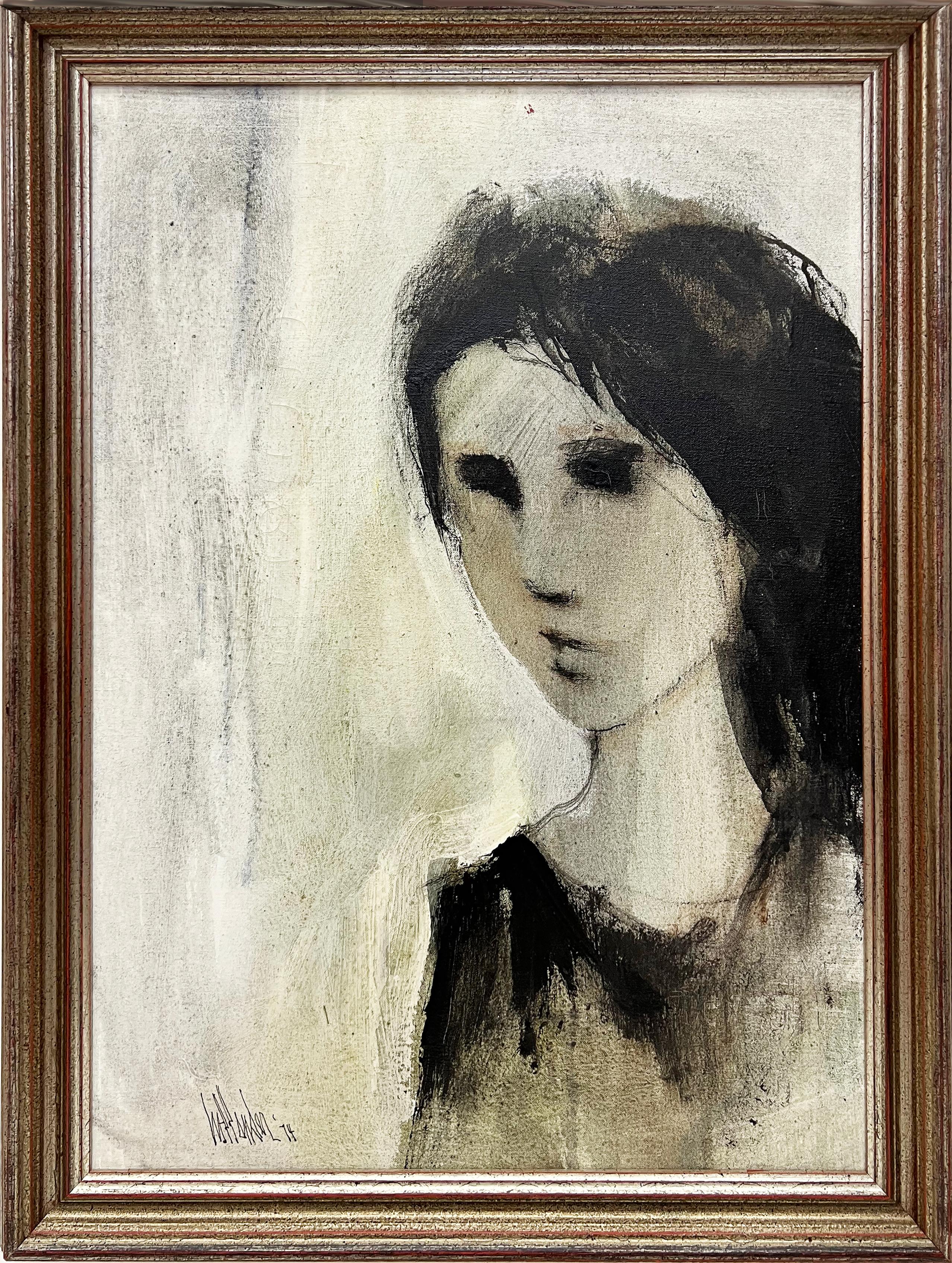Tela Gino Hollander 1974 Quadro astratto d'epoca con ritratto femminile in vendita